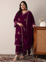 Plus Size Magenta Embroidered Velvet Straight Suit Set With Dupatta