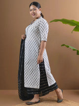 Plus Size Off-White Printed Cotton Straight Kurta With Palazzos & Dupatta