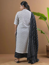 Plus Size Off-White Printed Cotton Straight Kurta With Palazzos & Dupatta
