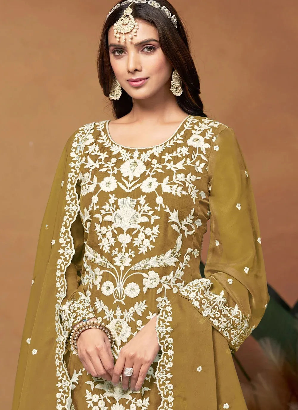 Radiant mustard pakistani plus size suit in organza with embroidery work