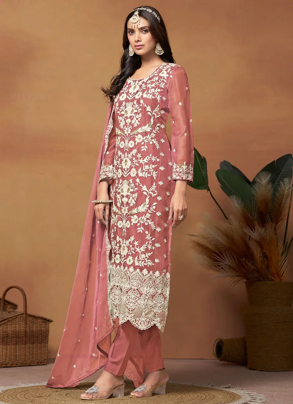 Charming pink pakistani plus size suit in organza with embroidery work