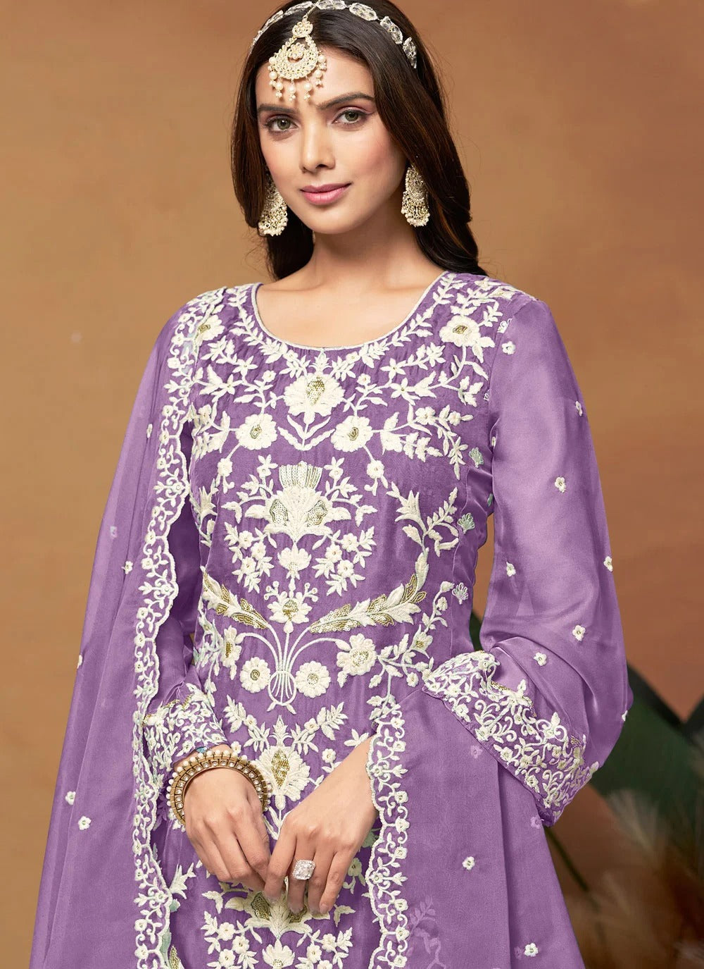 Graceful purple pakistani plus size suit in organza with embroidery work