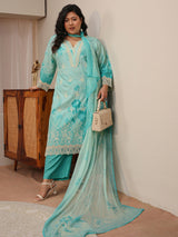 Plus Size Sky Blue Schiffli Embroidered Cotton Suit Set