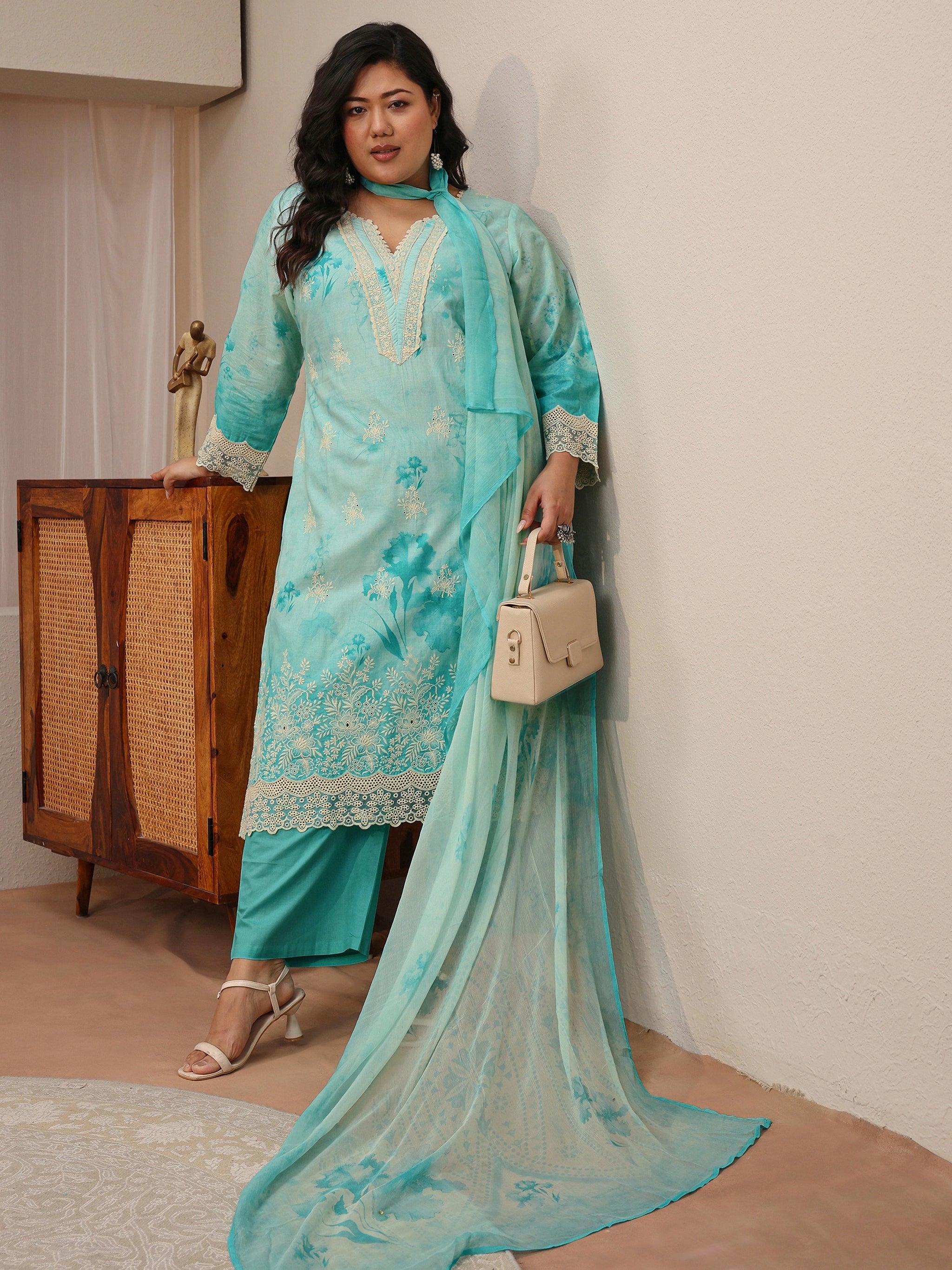 Plus Size Sky Blue Schiffli Embroidered Cotton Suit Set