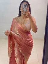 Peach Fancy Chiffon Saree with Diamond Work for Women