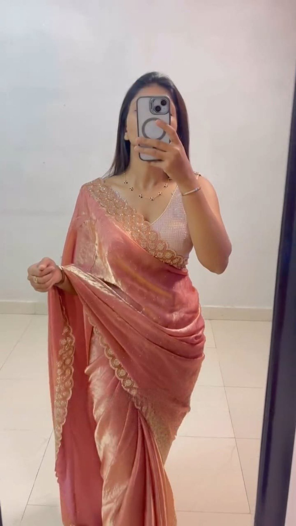 Peach Fancy Chiffon Saree with Diamond Work for Women