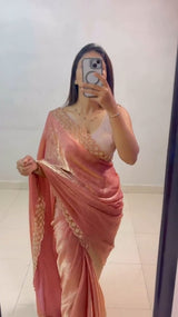 Peach Fancy Chiffon Saree with Diamond Work for Women