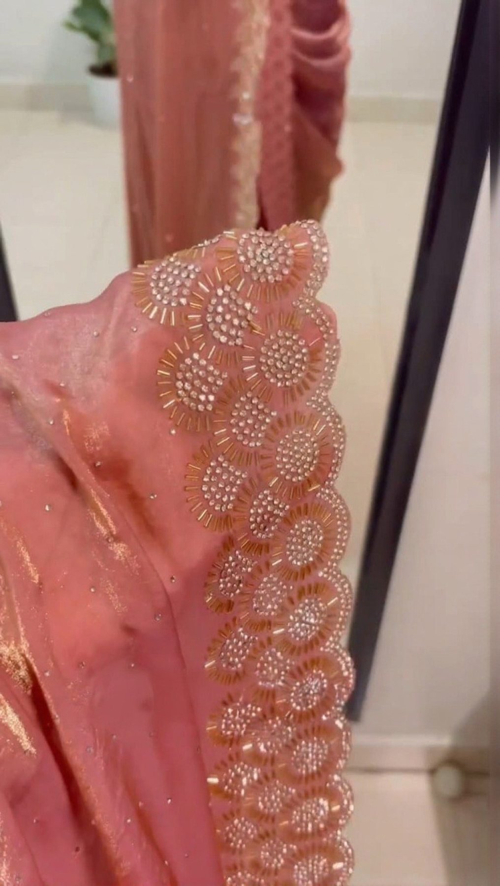 Peach Fancy Chiffon Saree with Diamond Work for Women