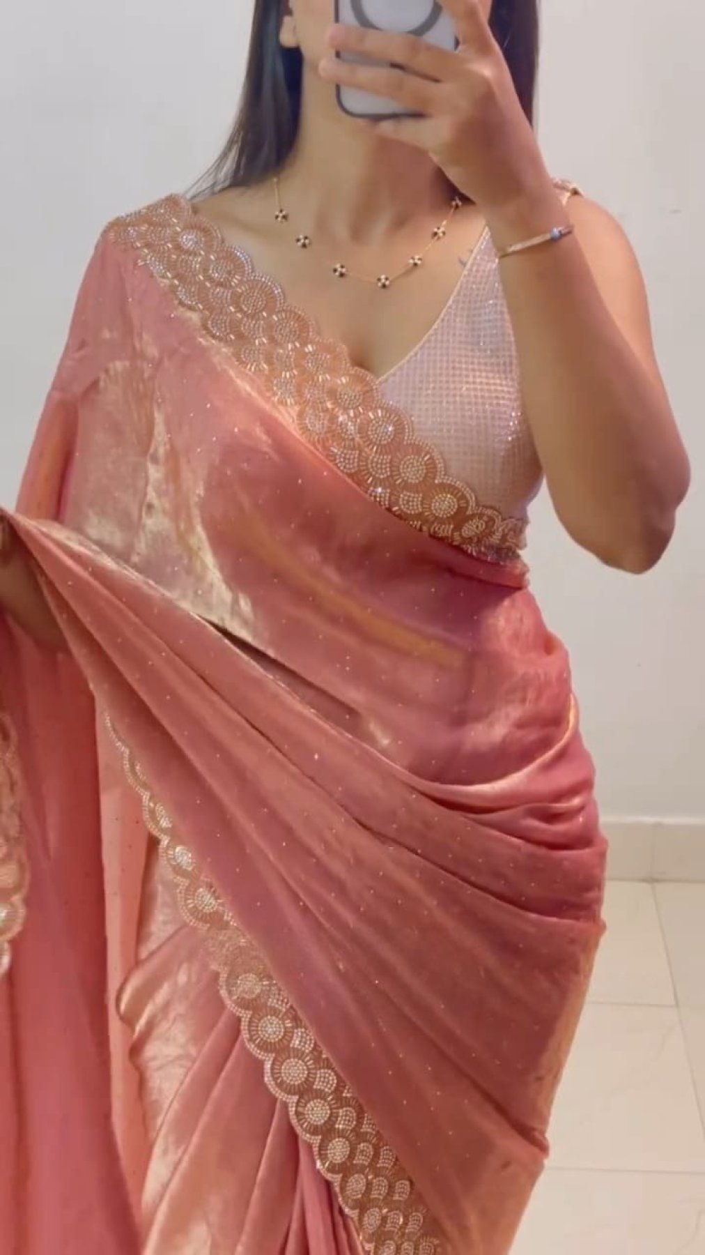 Peach Fancy Chiffon Saree with Diamond Work for Women
