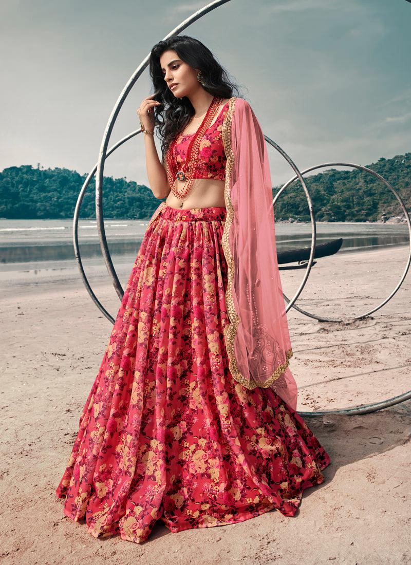 Polished Red Digital Print Organza Flared Lehenga Choli Set