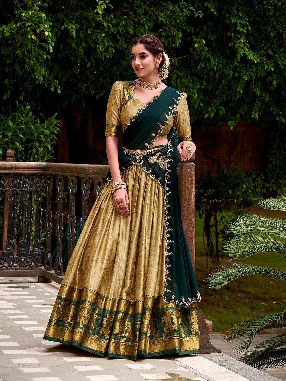 Cream poly cotton lehenga choli with zari weaving embroidered georgette dupatta