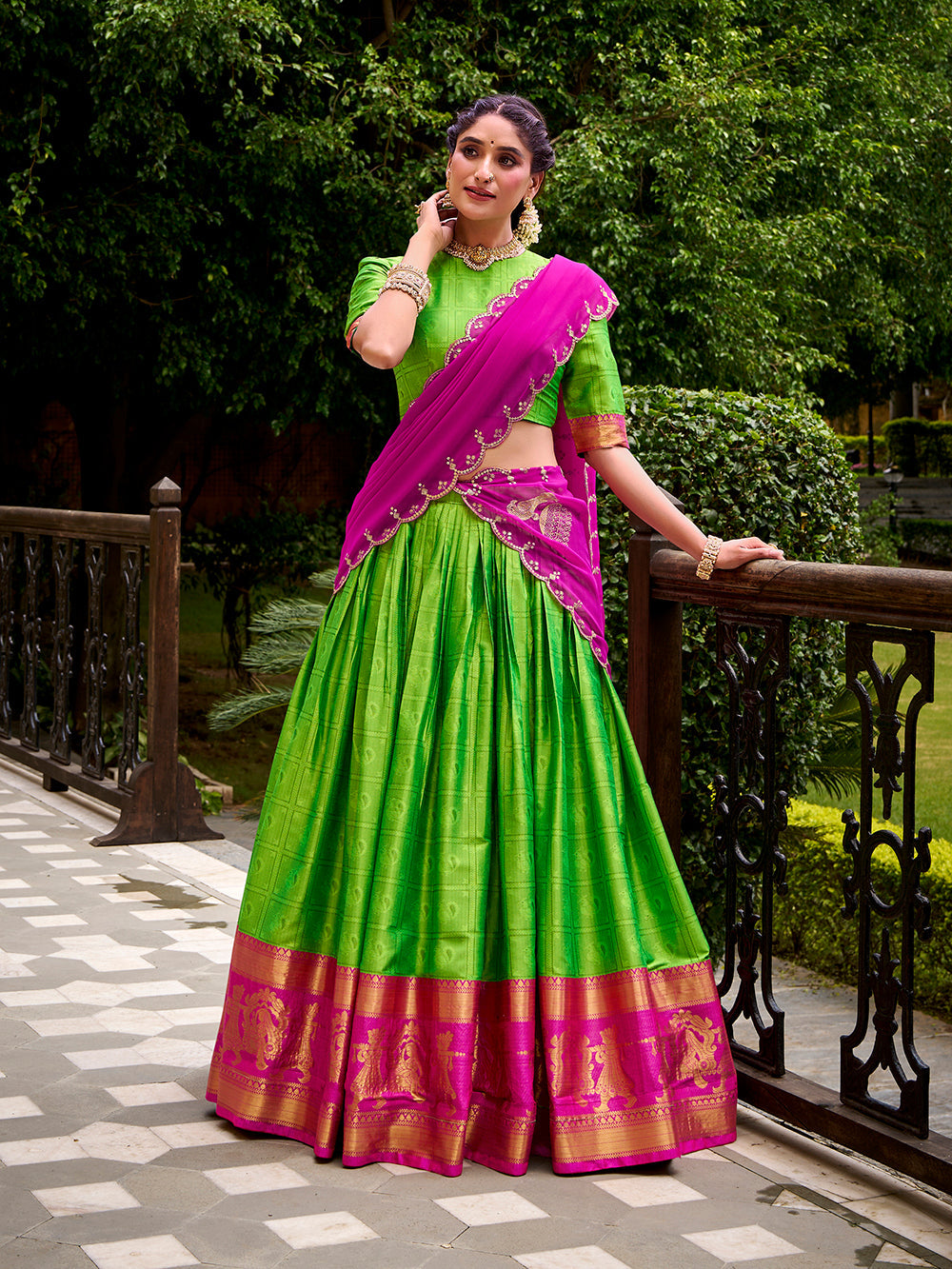 Parrot green poly cotton lehenga choli with zari weaving embroidered dupatta