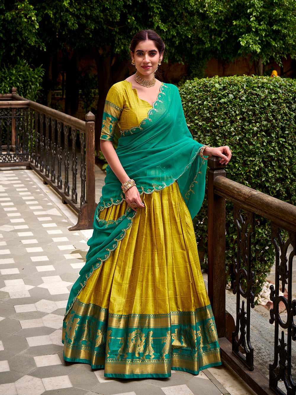 Yellow poly cotton lehenga choli with zari weaving embroidered georgette dupatta