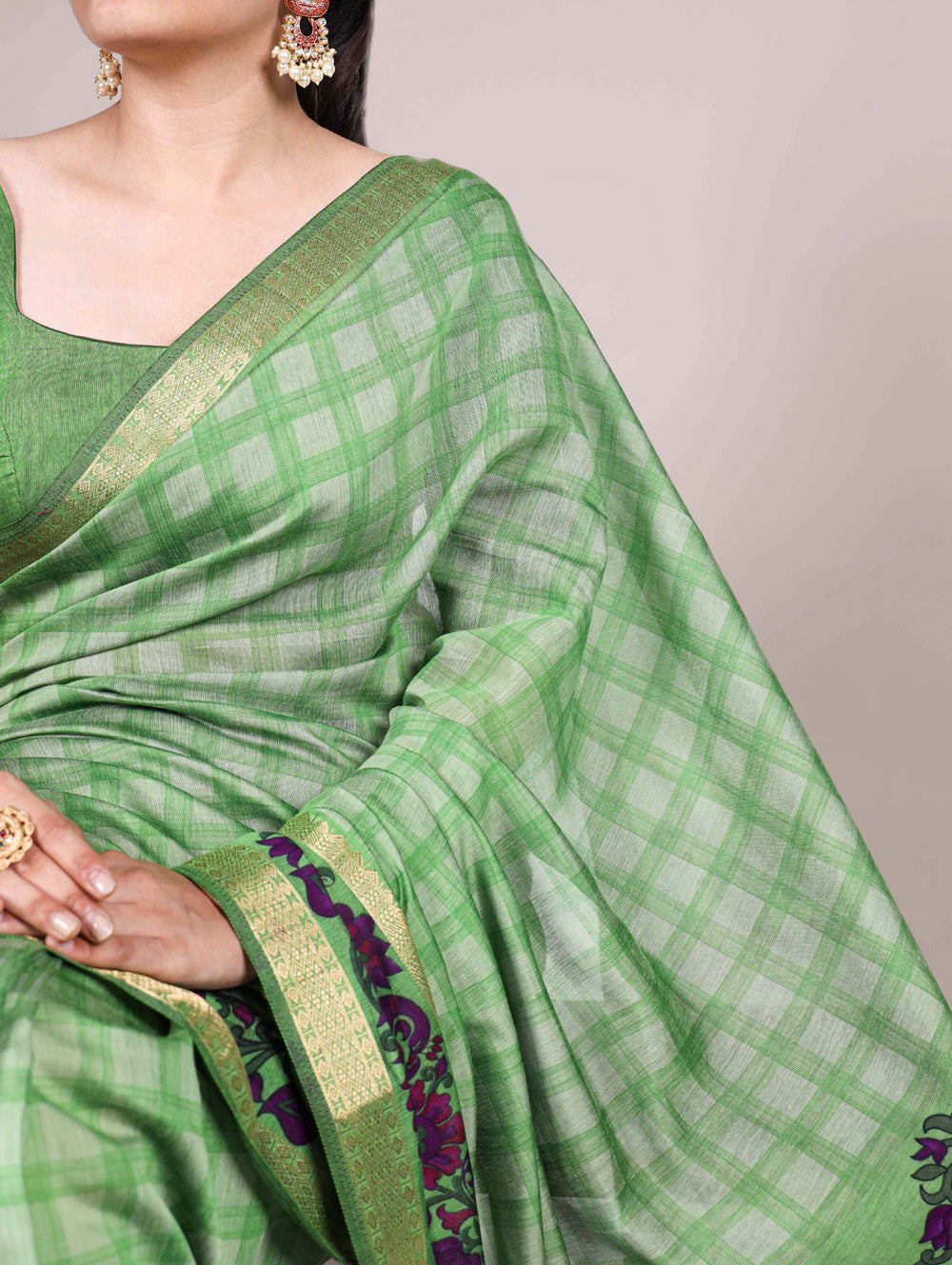 Parrot green printed polyester viscose chanderi saree with zari weaving border