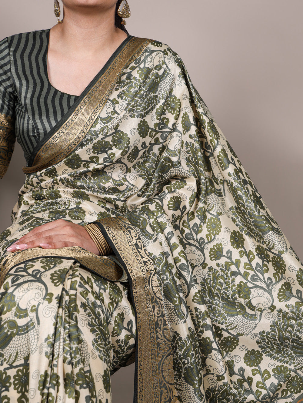 Mehendi color printed tasar silk saree with viscose border