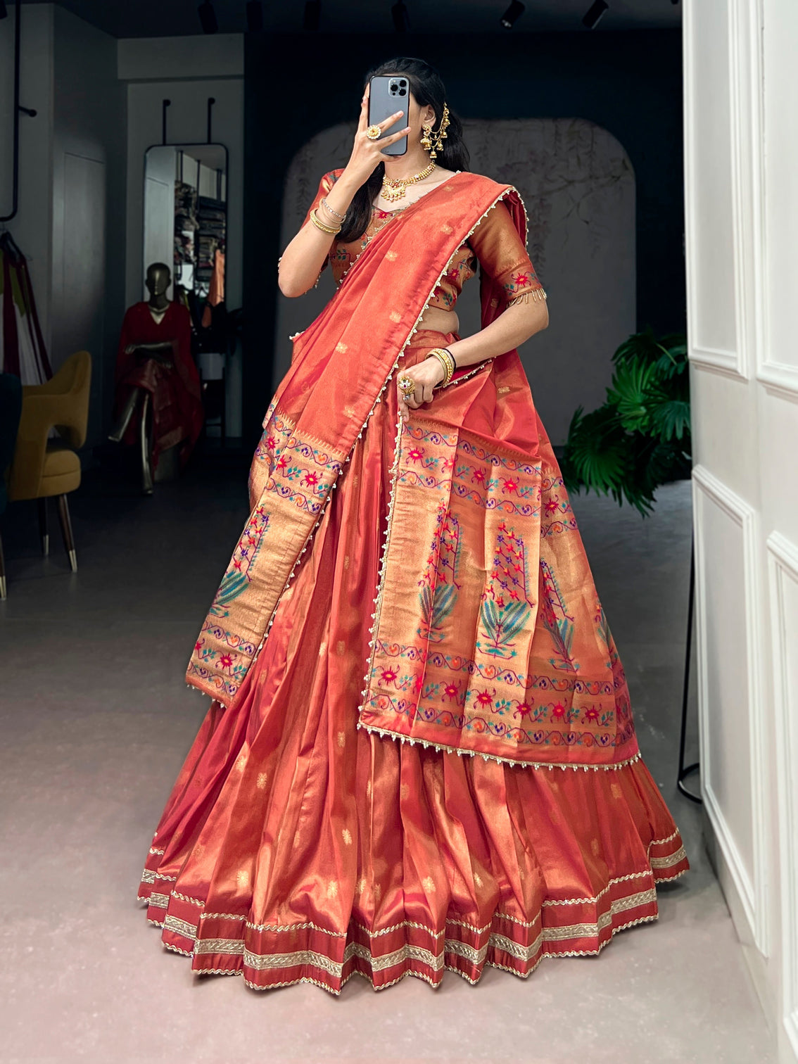 Coral color maharastrian wear shimmer lehenga