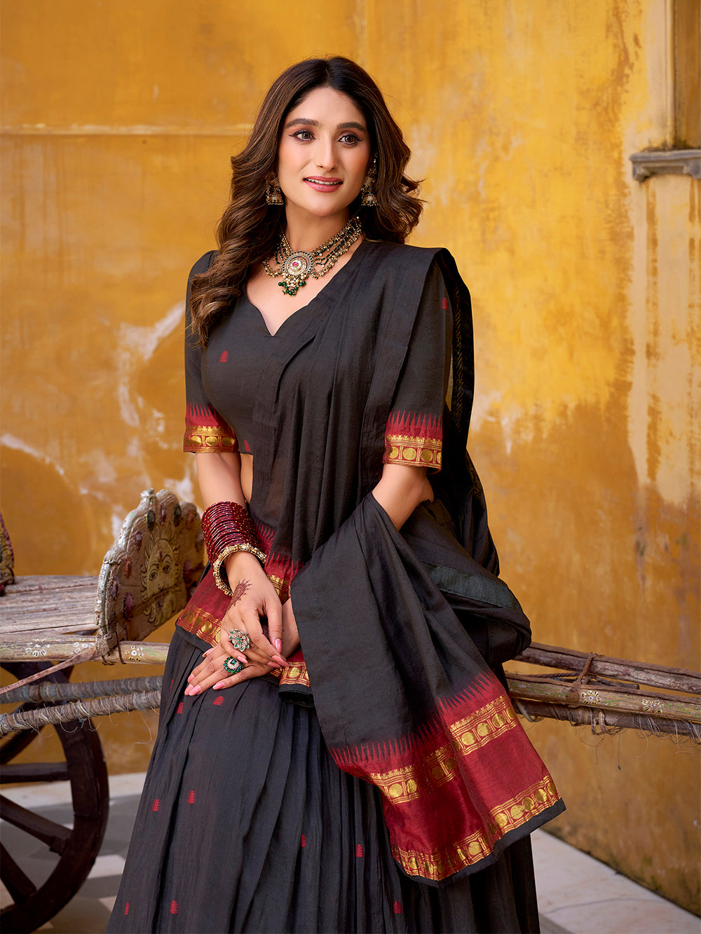 Black color zari weaving work chanderi lehenga choli