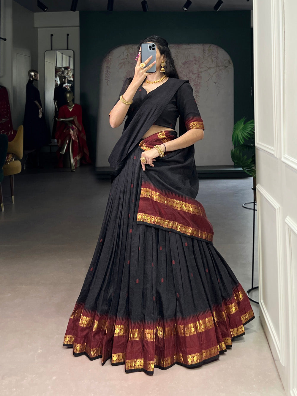 Black chanderi lehenga choli with zari weaving border 4 meter flair