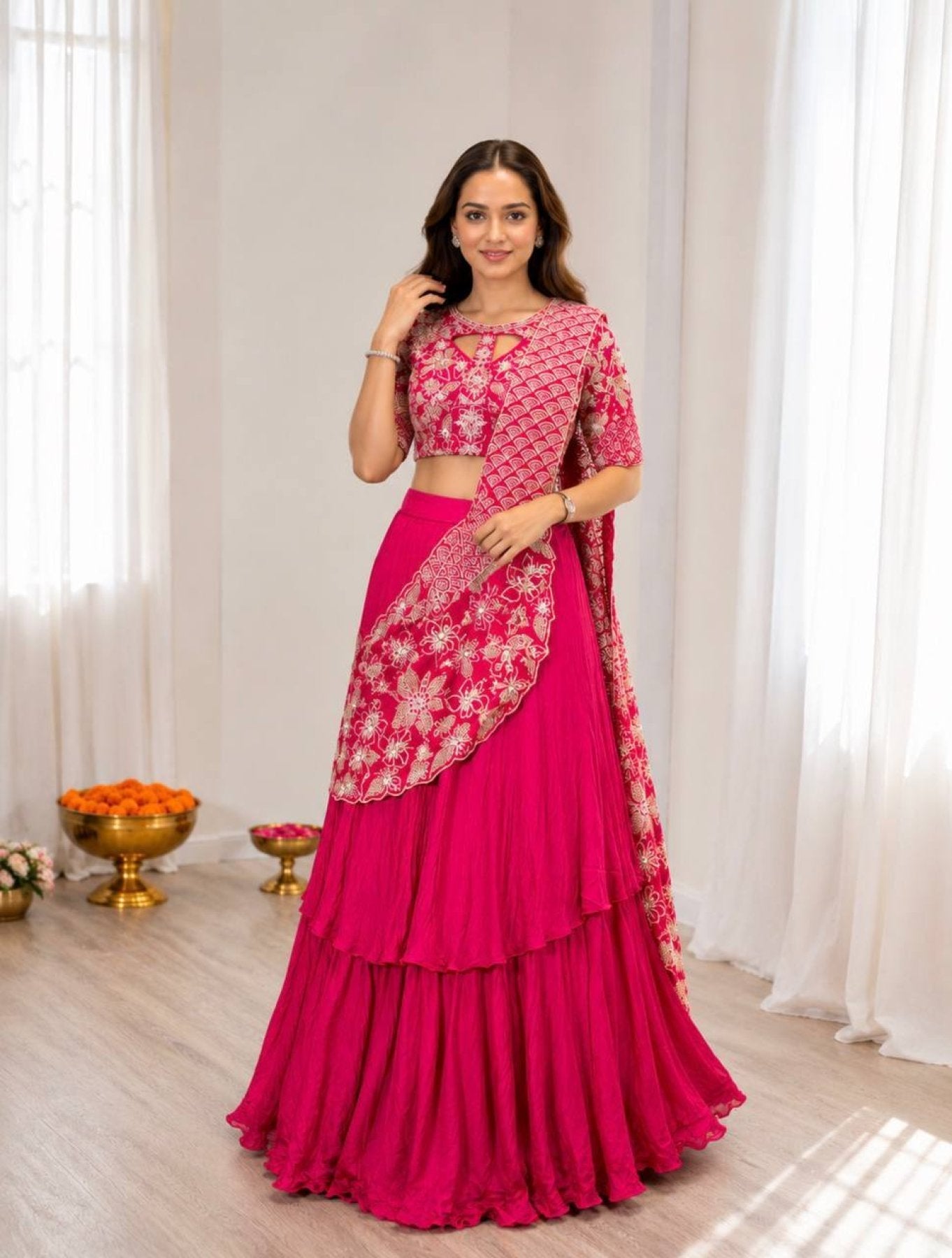 Lehenga with Attached Pallu and Embroidered Blouse for Ladies