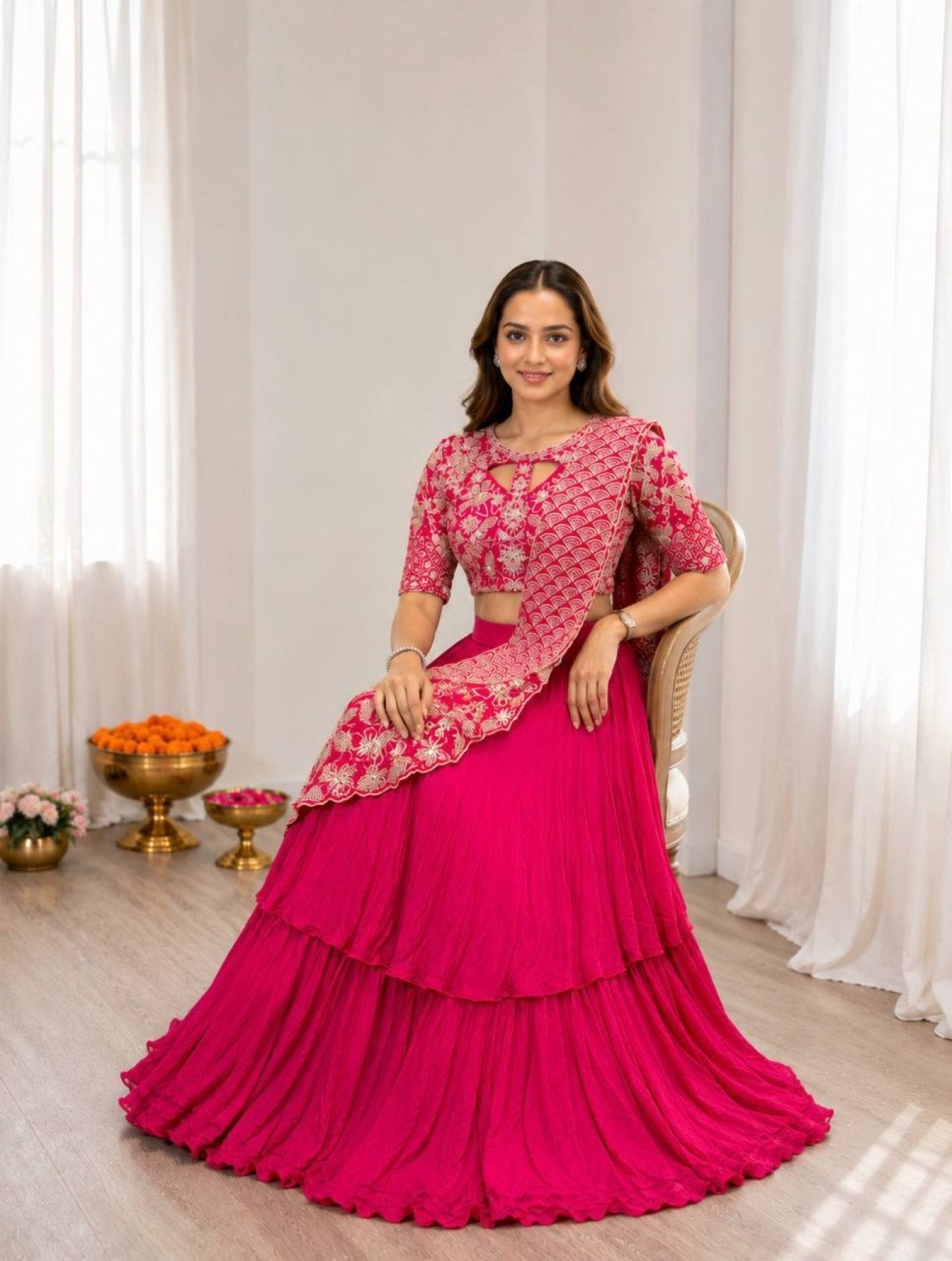 Lehenga with Attached Pallu and Embroidered Blouse for Ladies