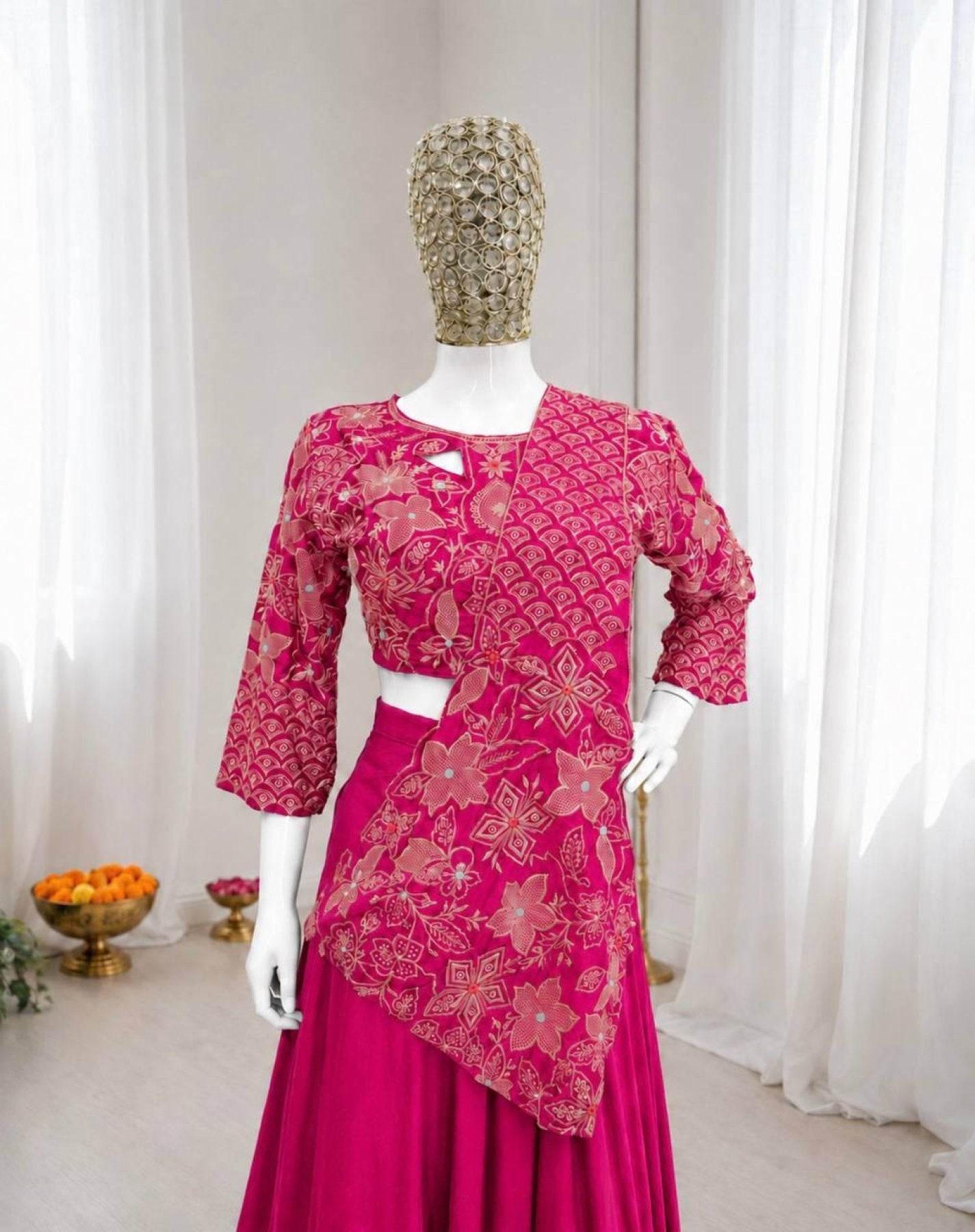 Lehenga with Attached Pallu and Embroidered Blouse for Ladies