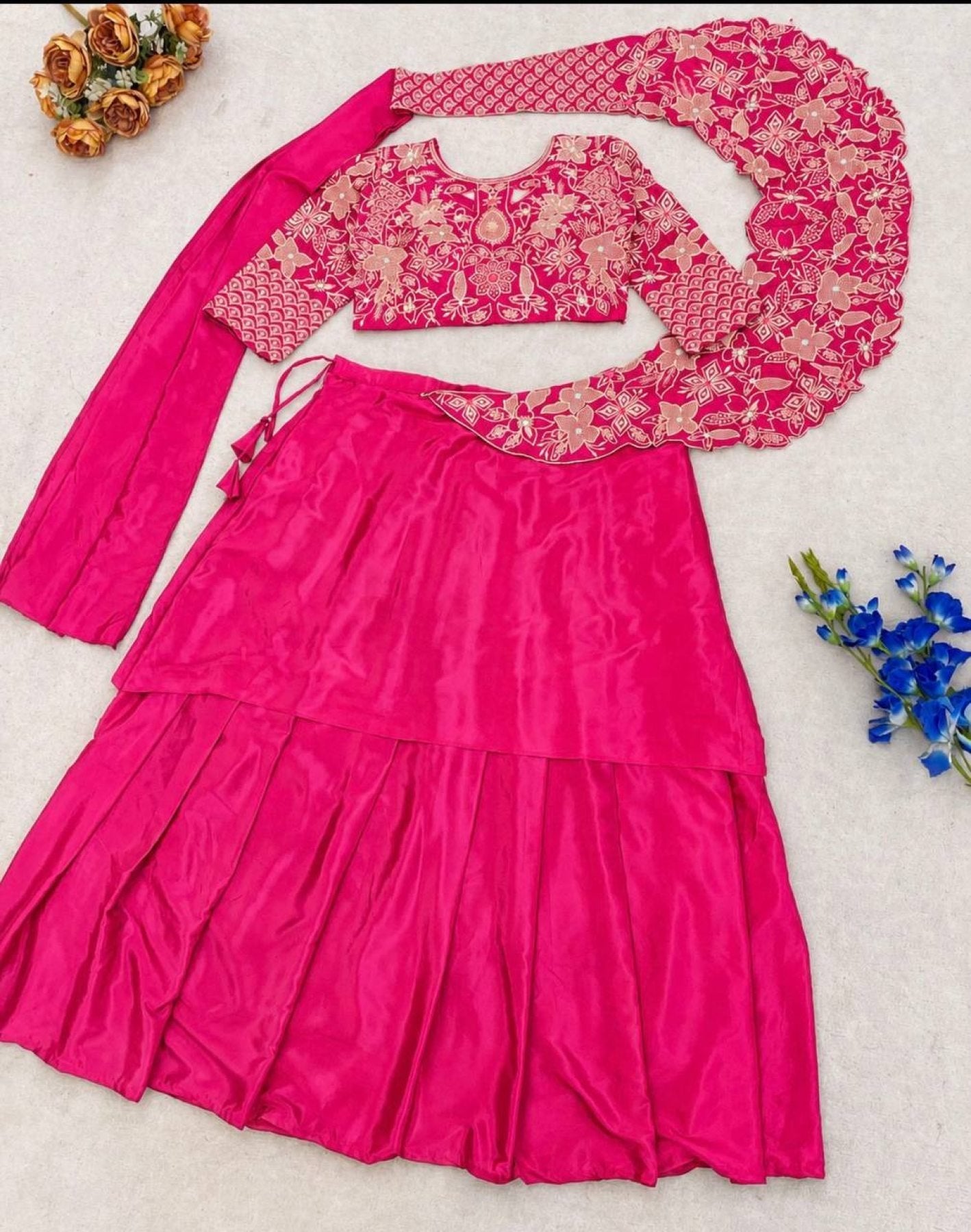 Lehenga with Attached Pallu and Embroidered Blouse for Ladies