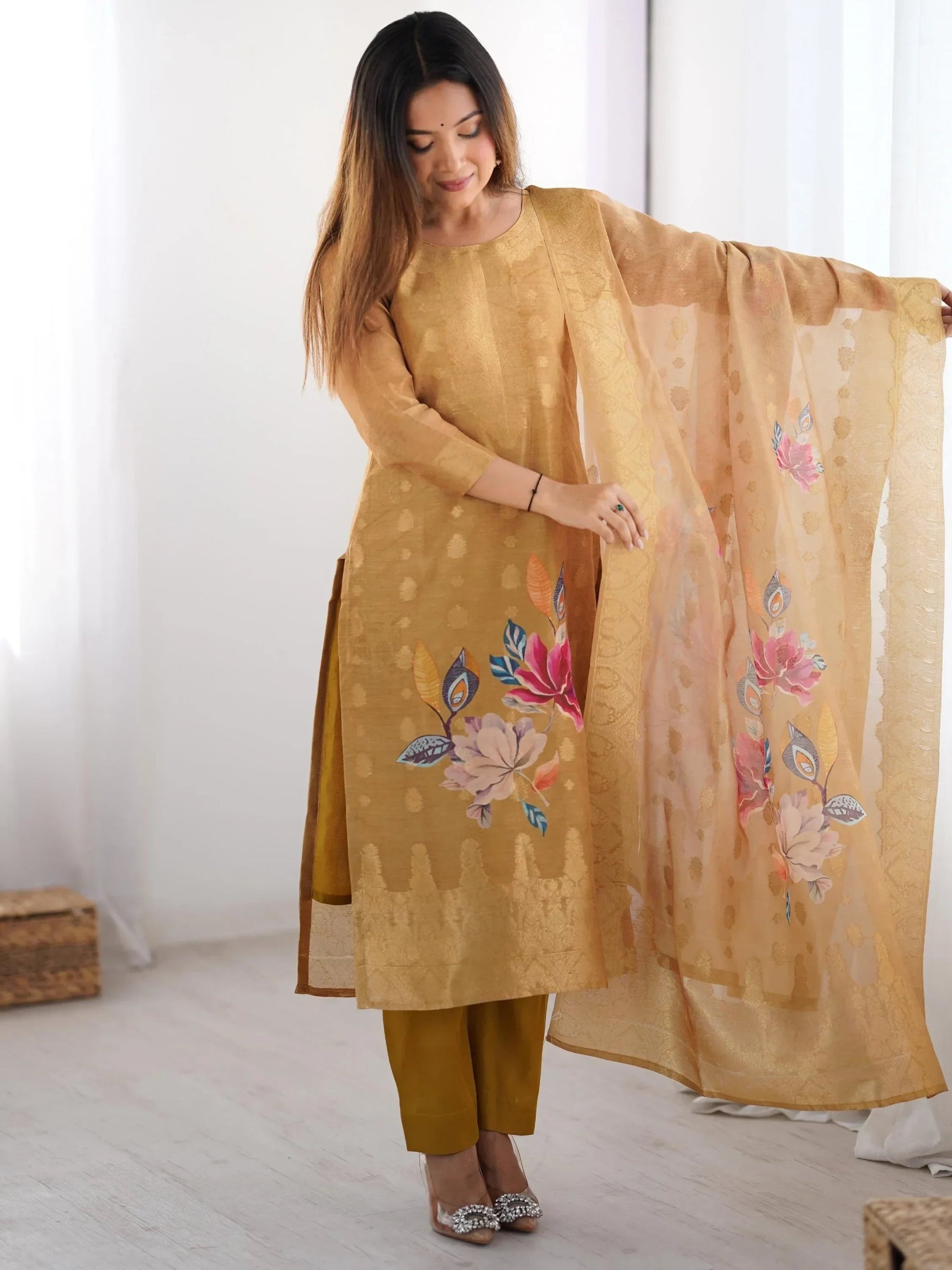 Precious Cream Jacquard Work Chanderi Silk Festive Wear Pant Suit