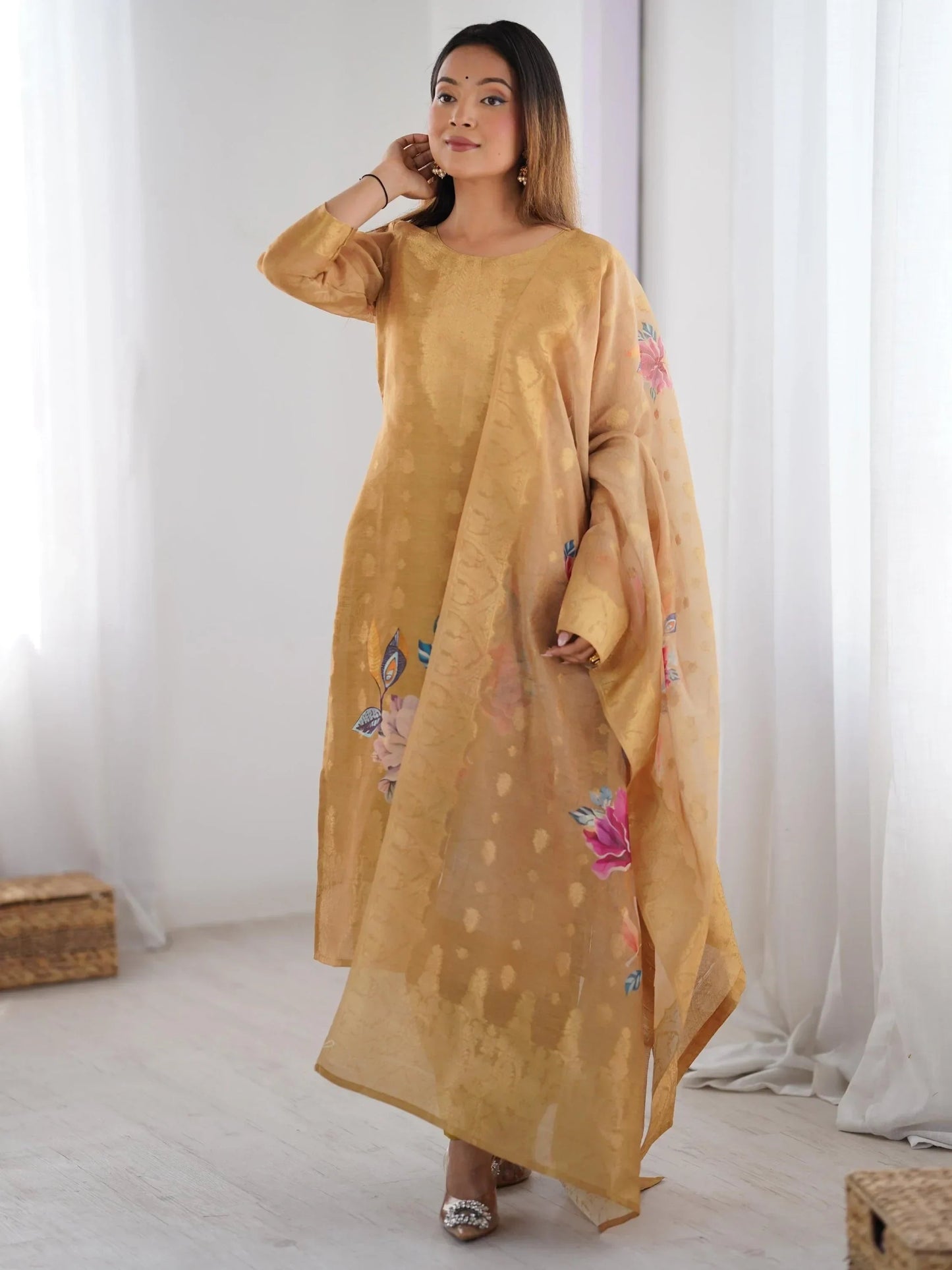 Precious Cream Jacquard Work Chanderi Silk Festive Wear Pant Suit