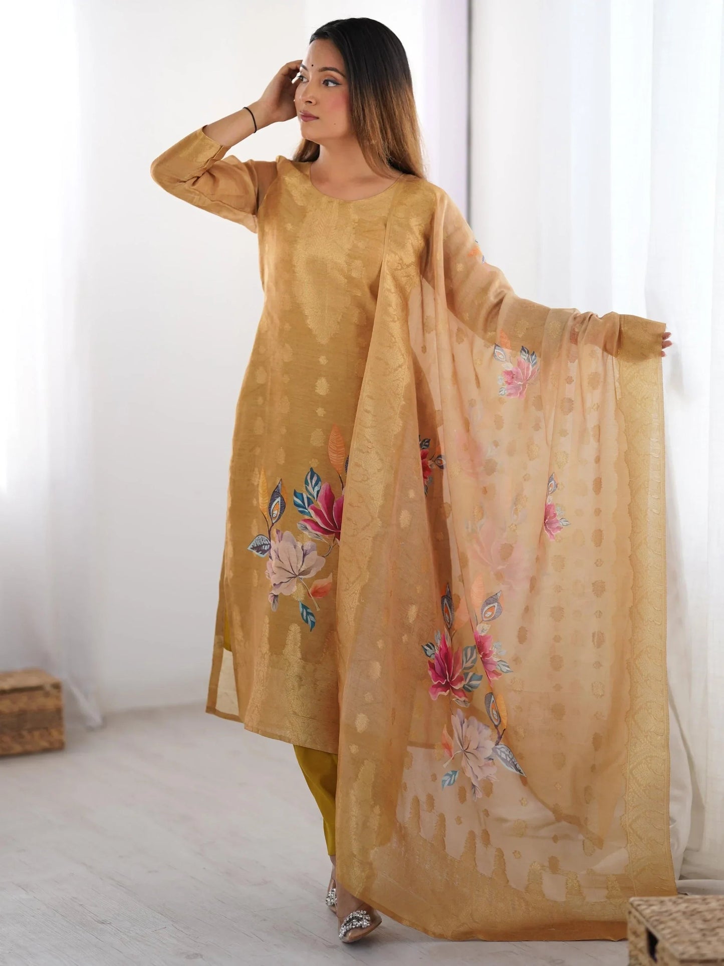 Precious Cream Jacquard Work Chanderi Silk Festive Wear Pant Suit