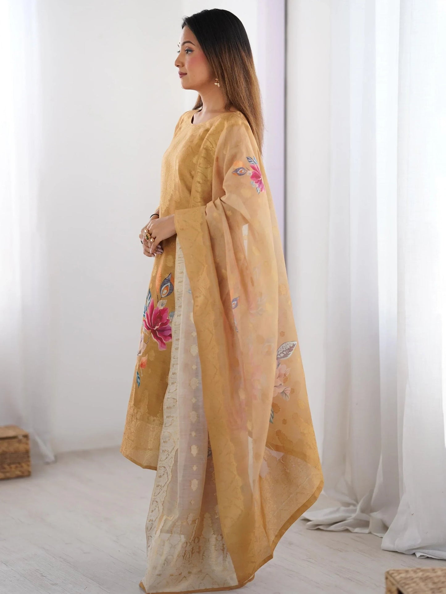 Precious Cream Jacquard Work Chanderi Silk Festive Wear Pant Suit