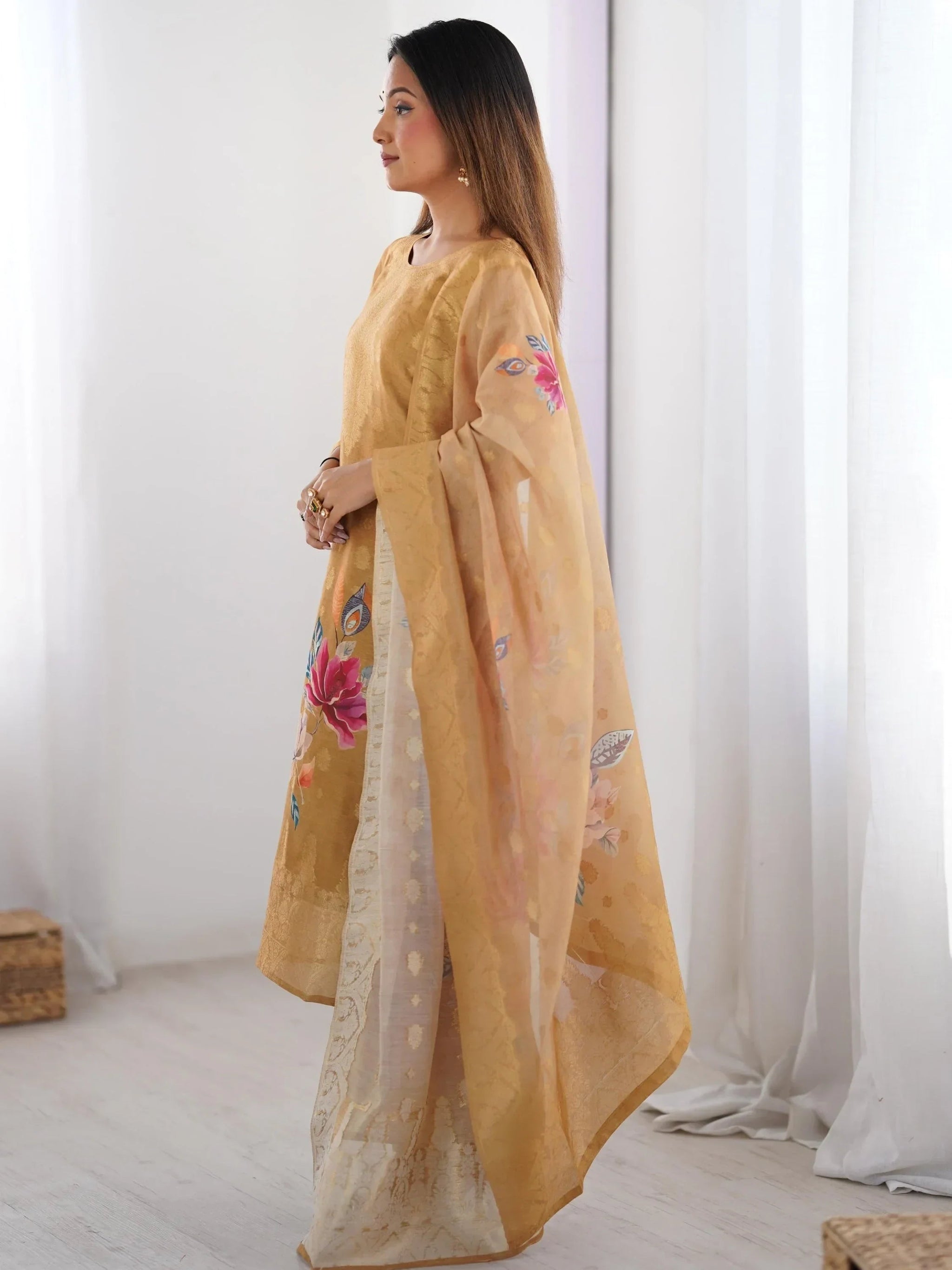 Precious Cream Jacquard Work Chanderi Silk Festive Wear Pant Suit