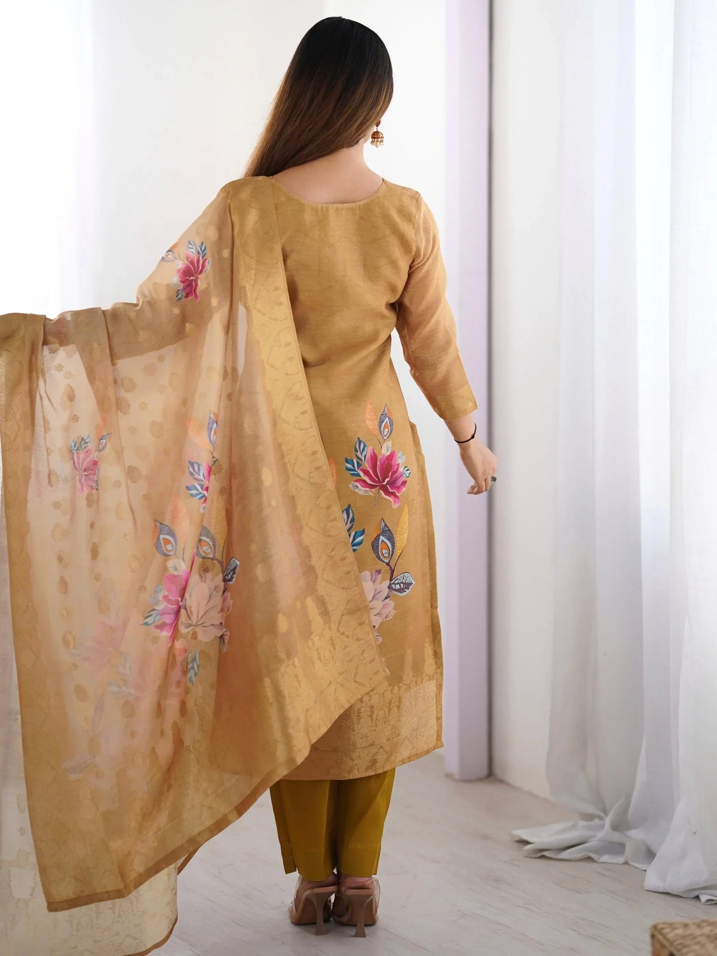 Precious Cream Jacquard Work Chanderi Silk Festive Wear Pant Suit