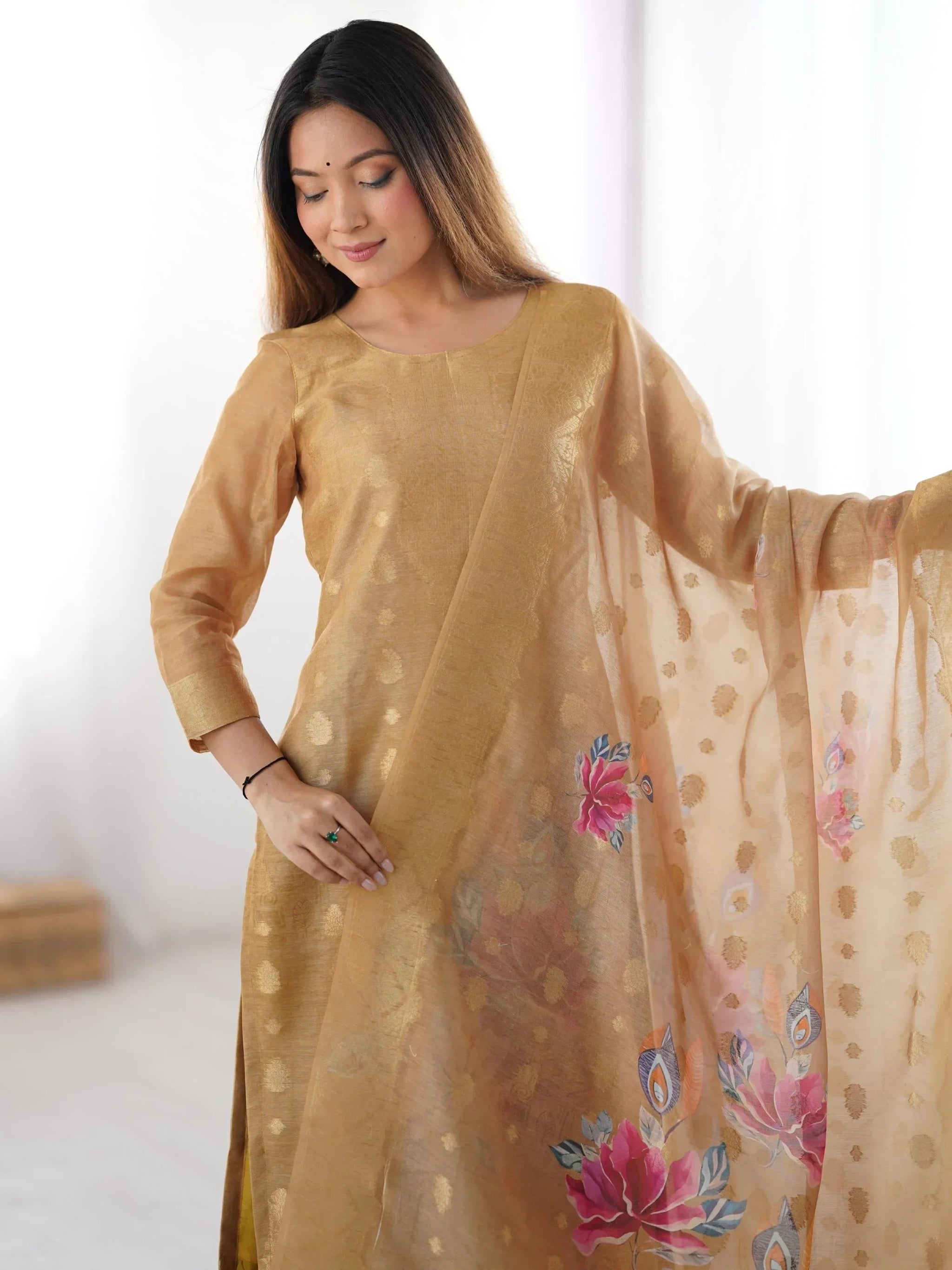 Precious Cream Jacquard Work Chanderi Silk Festive Wear Pant Suit