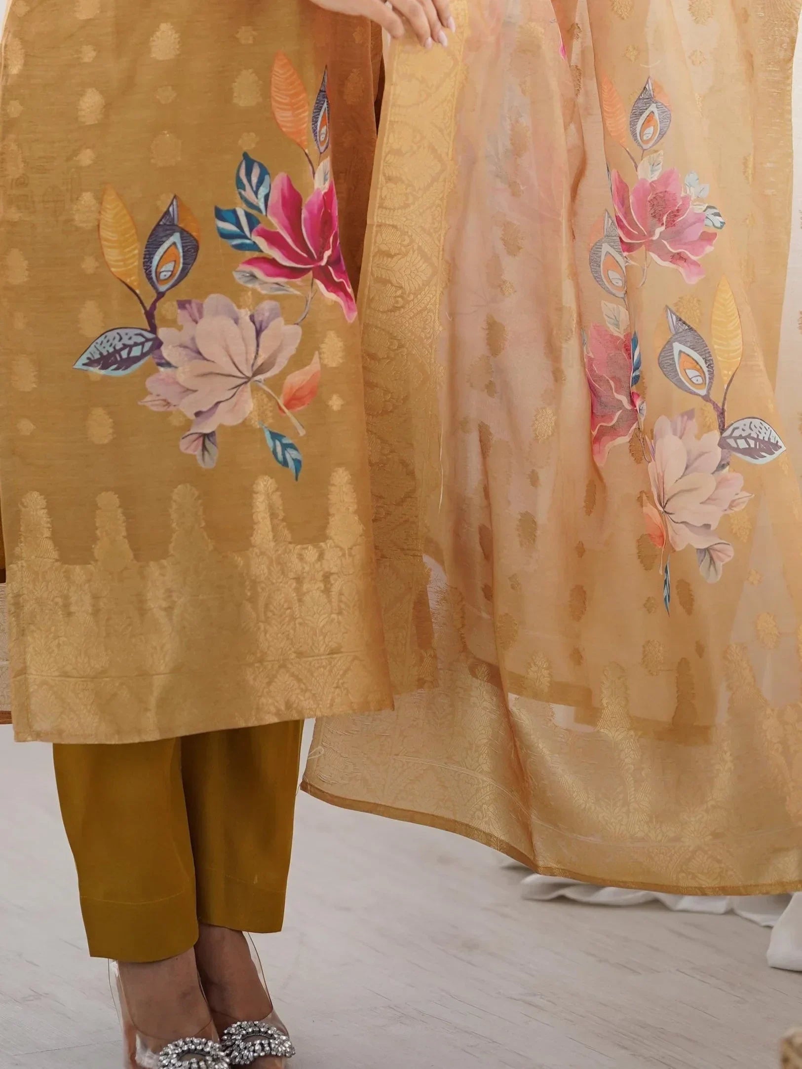 Precious Cream Jacquard Work Chanderi Silk Festive Wear Pant Suit