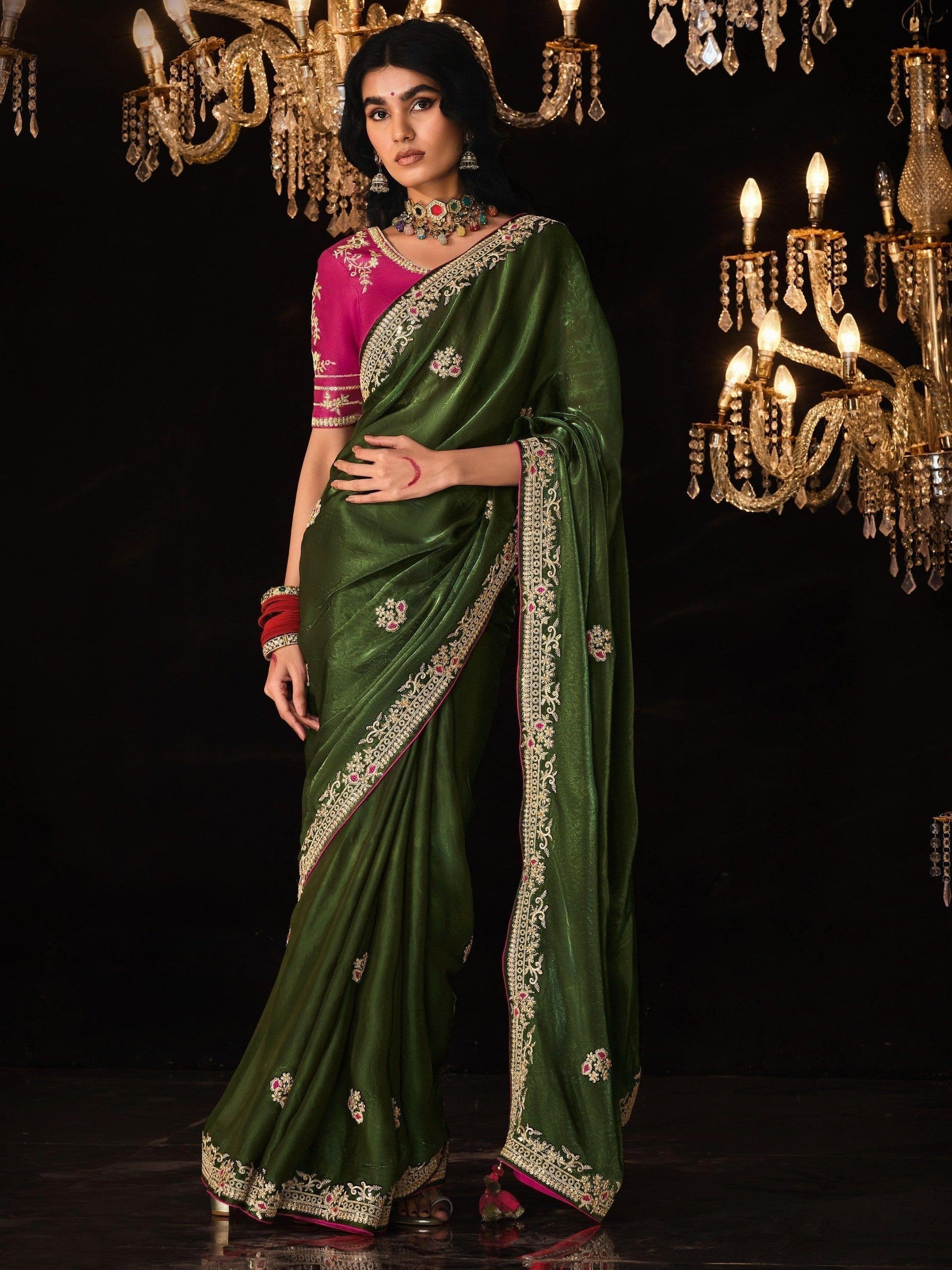 Precious Olive Green Embroidered Silk Festival Wear Saree