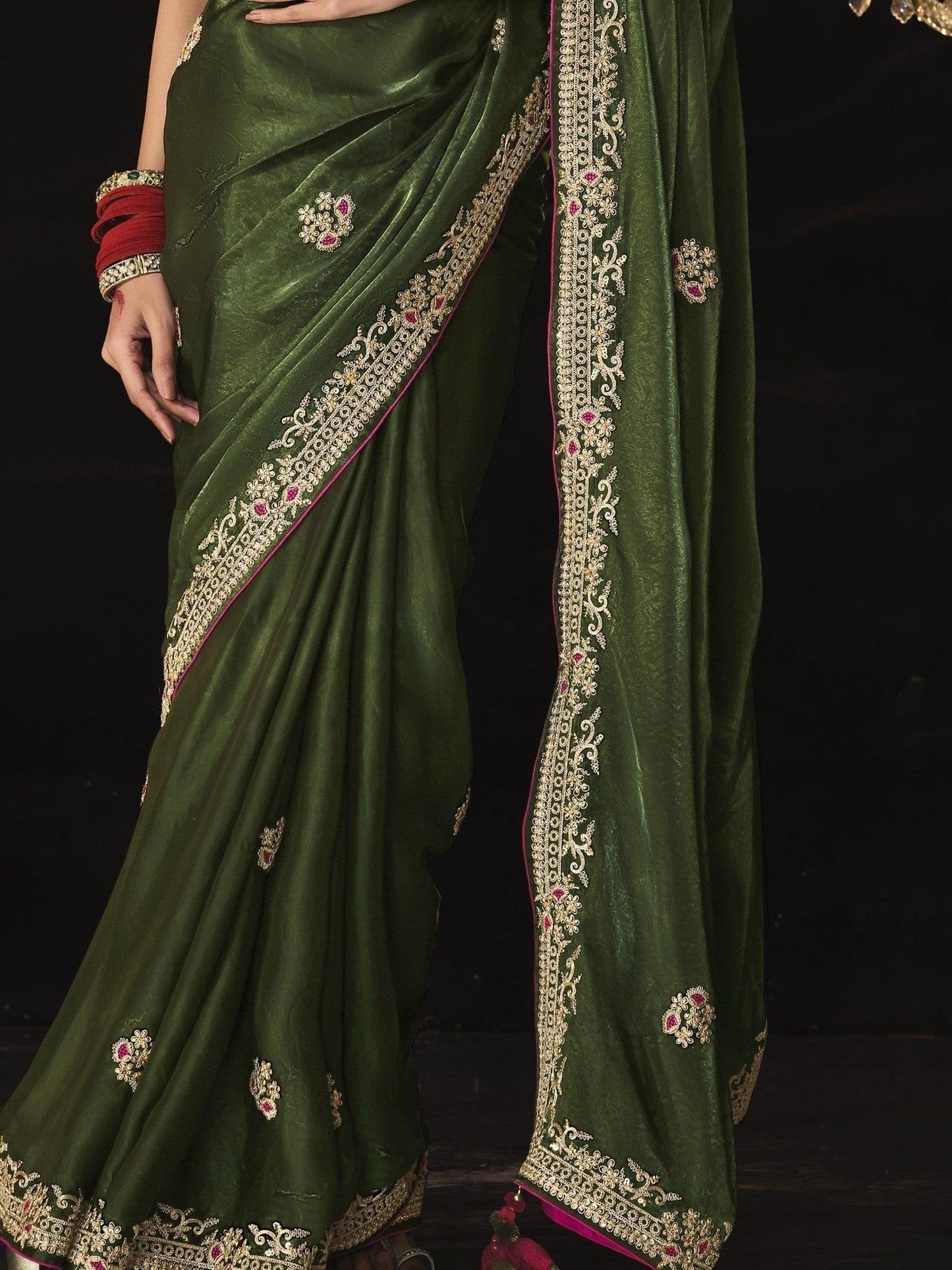 Precious Olive Green Embroidered Silk Festival Wear Saree