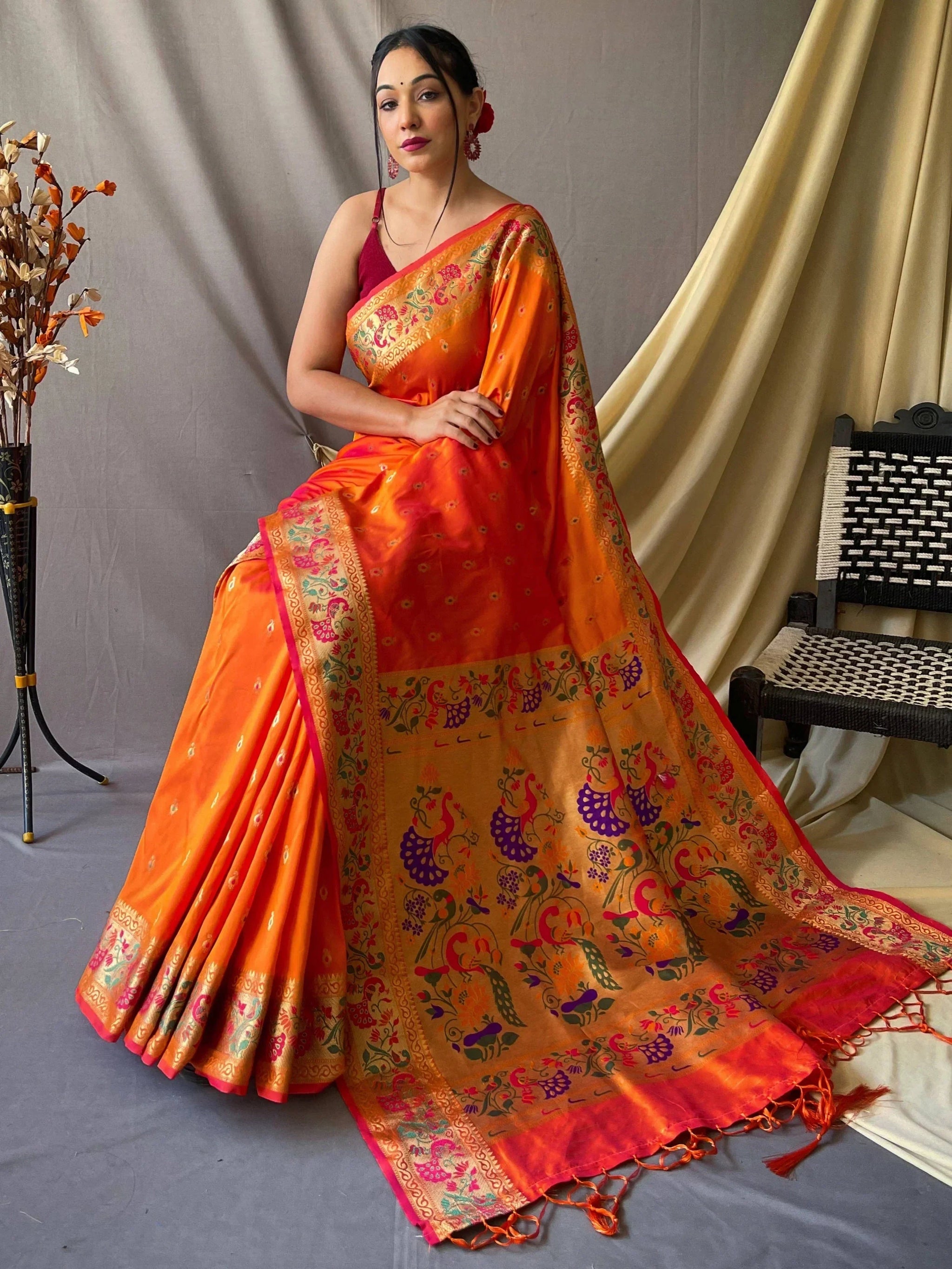 Precious Orange Woven Paithani Silk Trendy Saree With Blouse