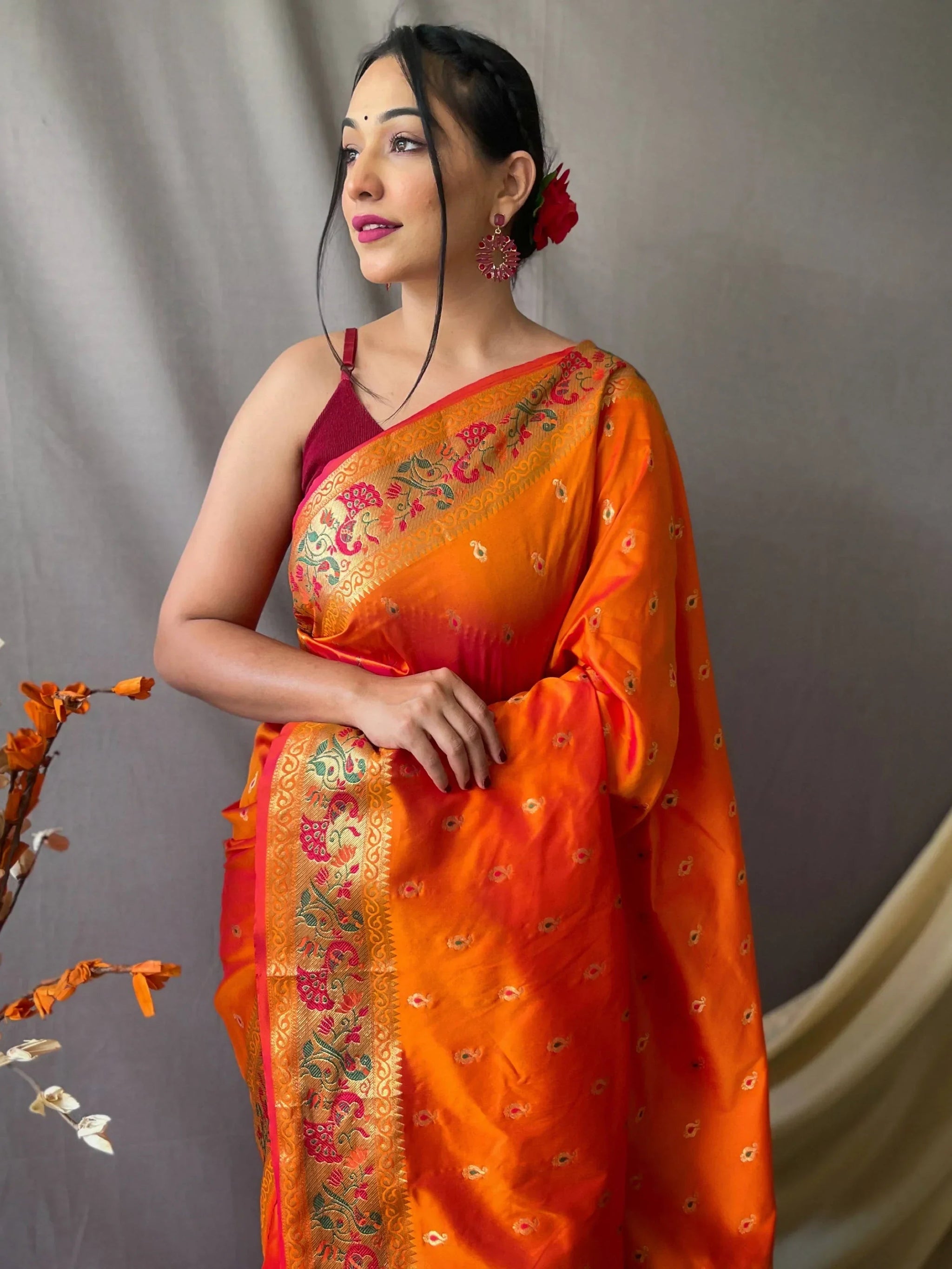 Precious Orange Woven Paithani Silk Trendy Saree With Blouse