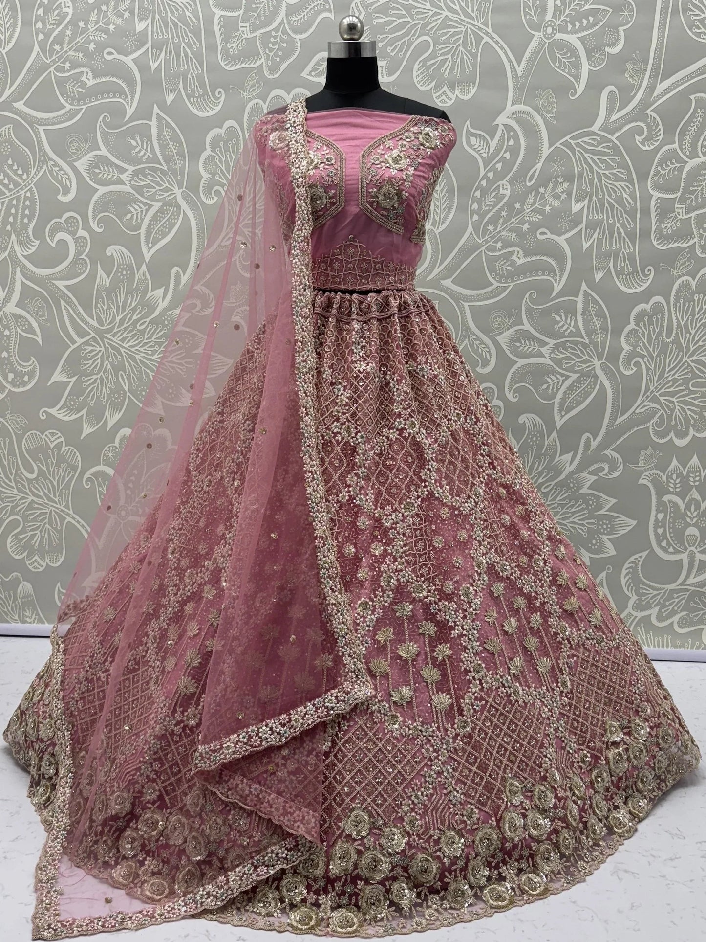 Precious Rose Pink Zircon Work Net Bridesmaid Lehenga Choli With Dupatta