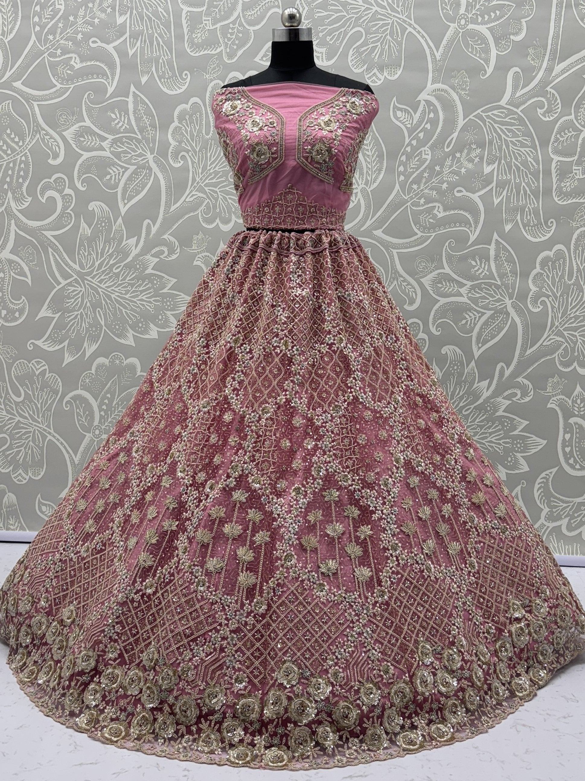 Precious Rose Pink Zircon Work Net Bridesmaid Lehenga Choli With Dupatta