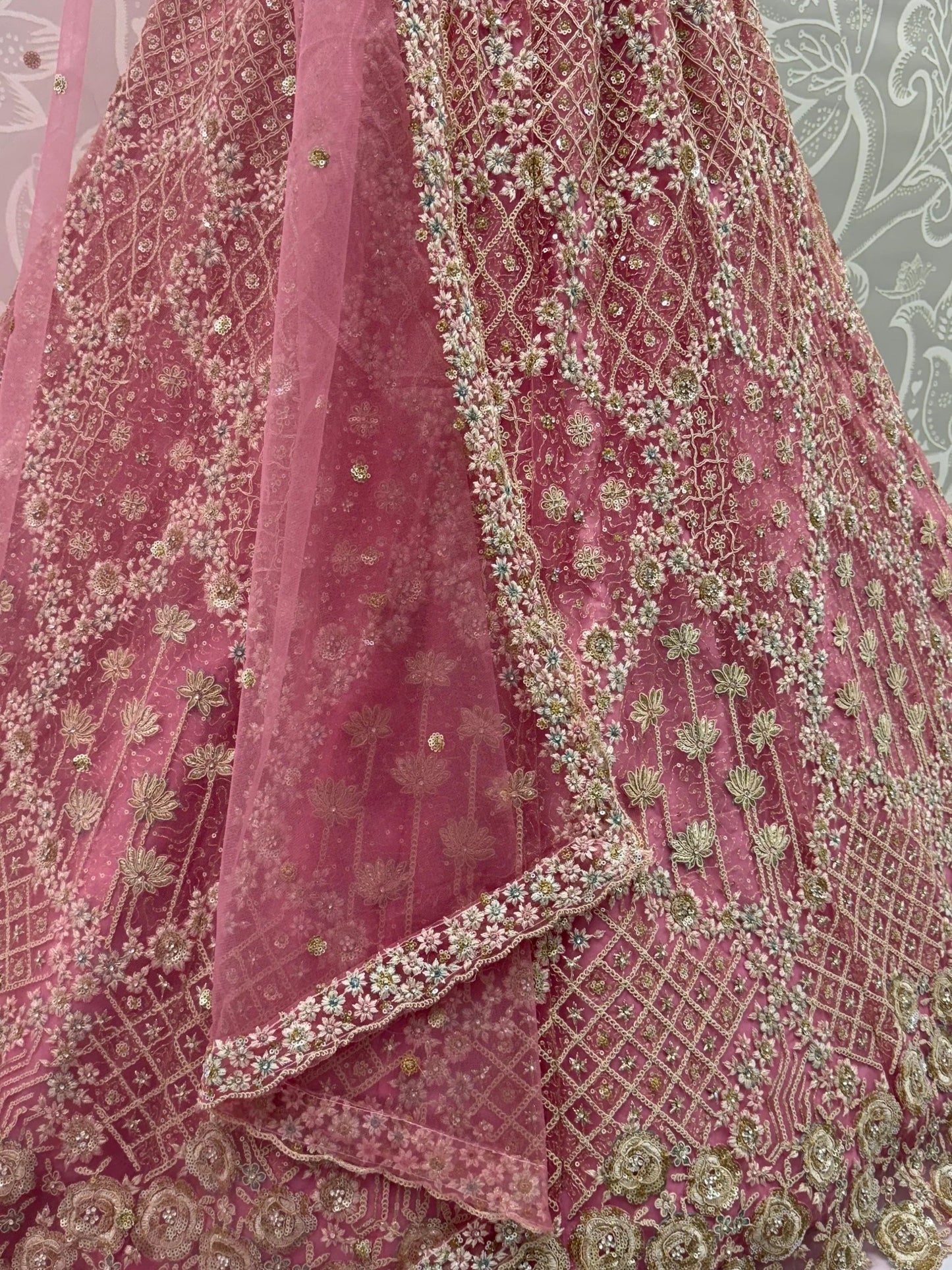 Precious Rose Pink Zircon Work Net Bridesmaid Lehenga Choli With Dupatta