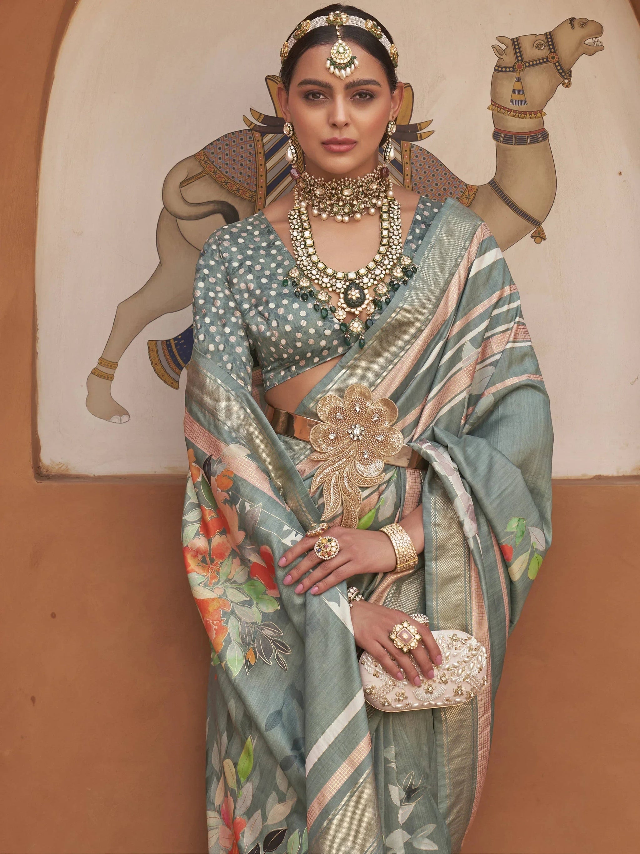 Precious Sage Green Floral Printed Silk Designer Saree With Blouse