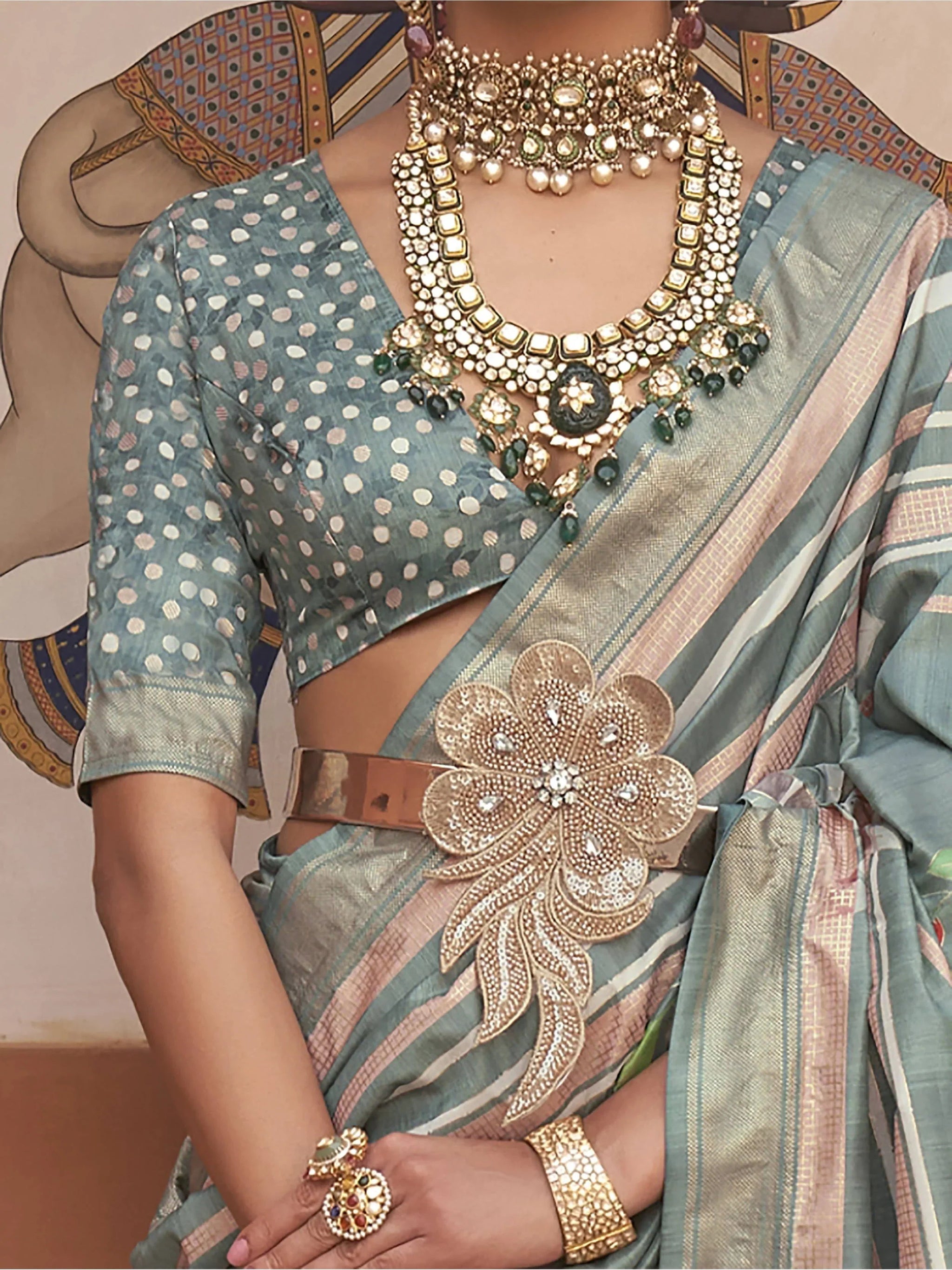 Precious Sage Green Floral Printed Silk Designer Saree With Blouse