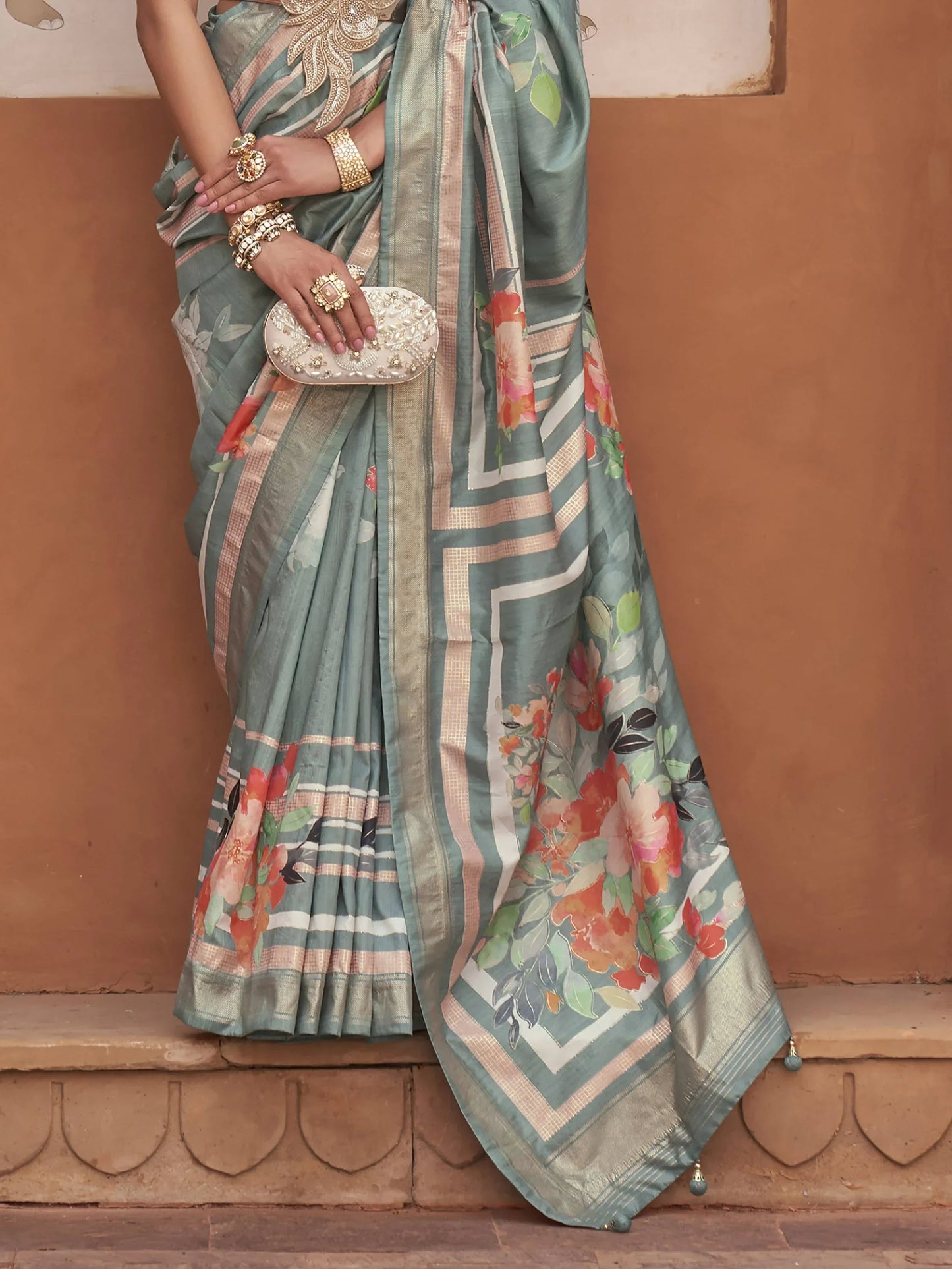 Precious Sage Green Floral Printed Silk Designer Saree With Blouse