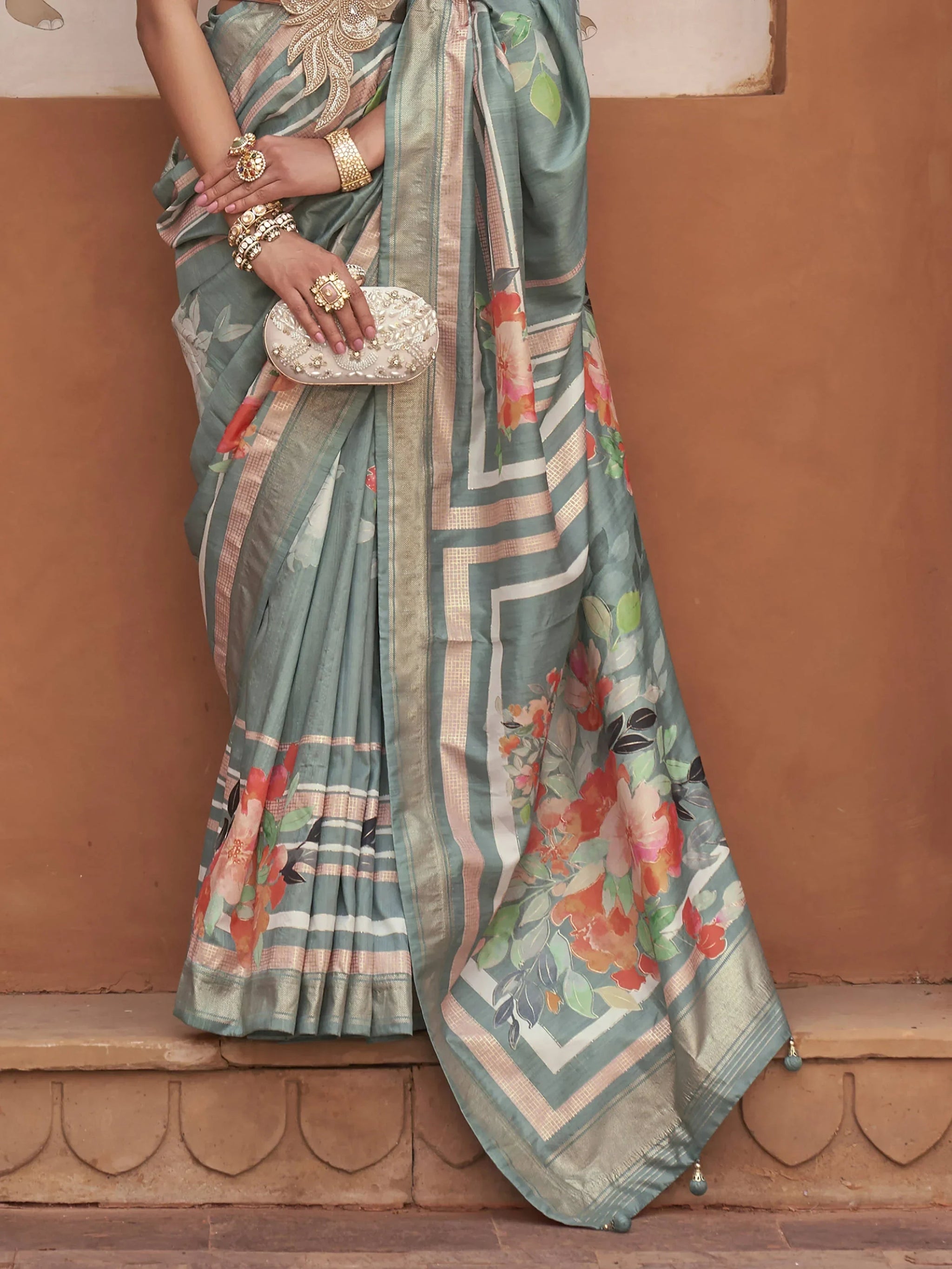 Precious Sage Green Floral Printed Silk Designer Saree With Blouse
