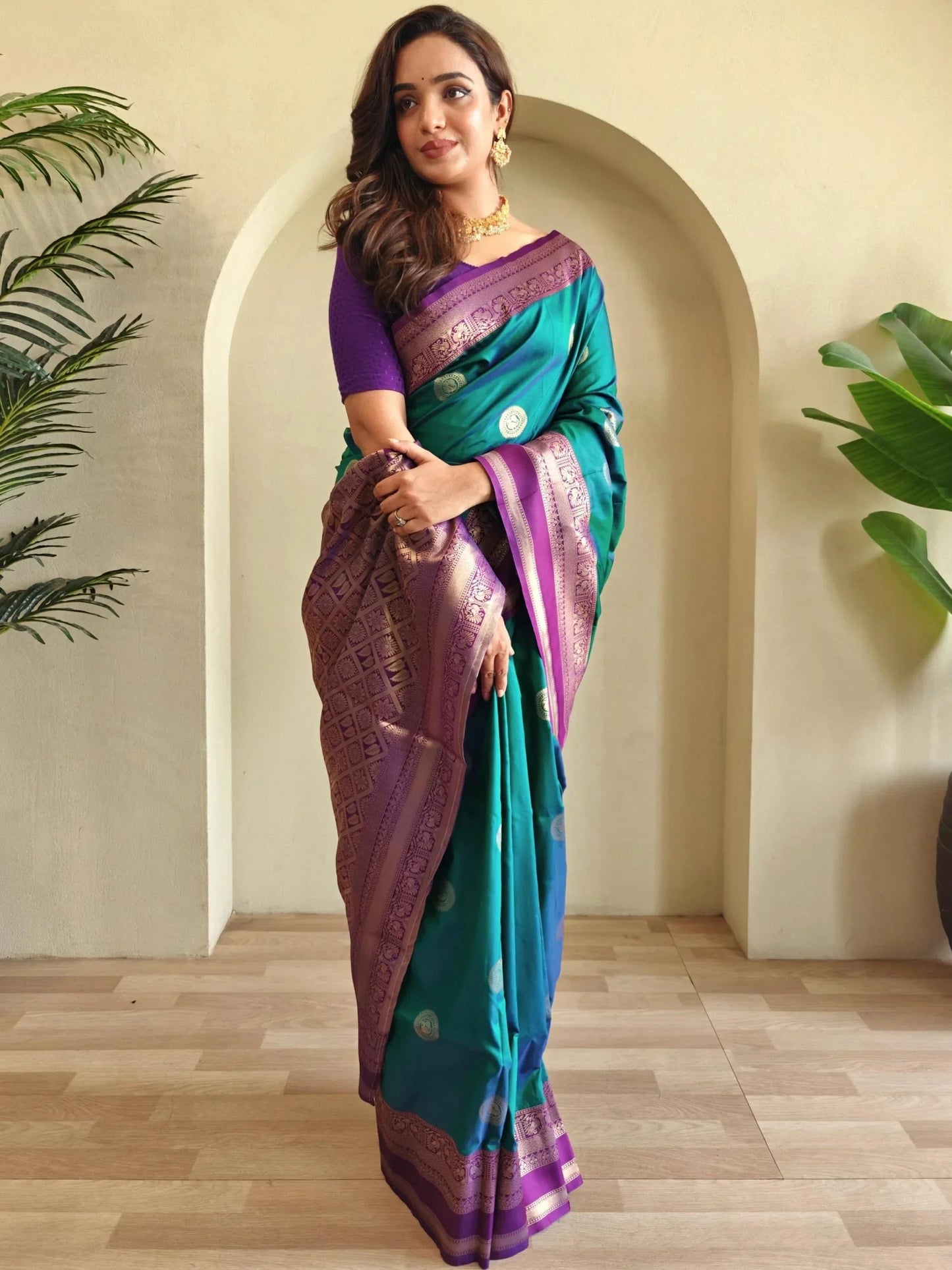 Precious Teal Blue Zari Weaving Silk Festive Wear Saree With Blouse
