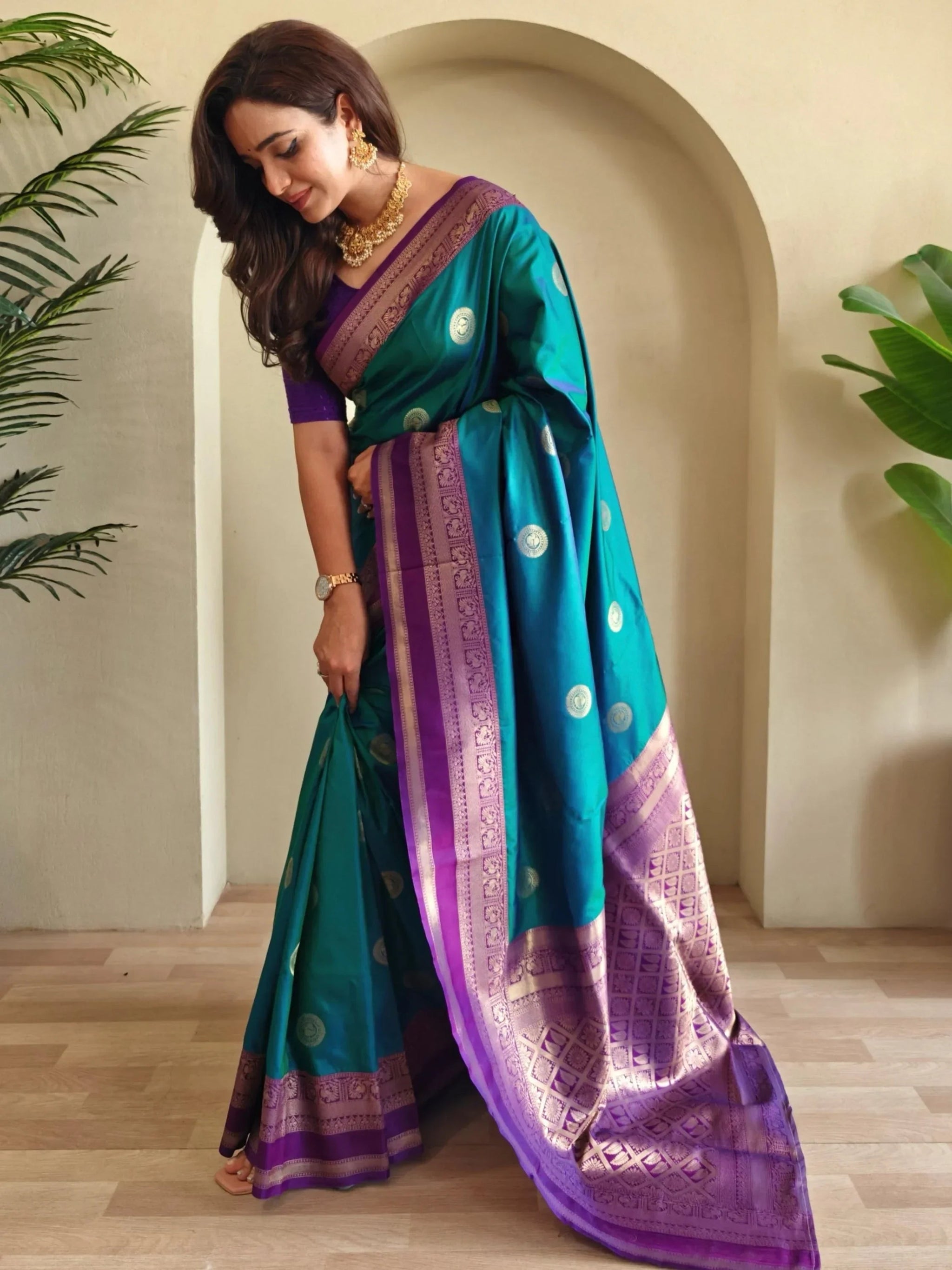 Precious Teal Blue Zari Weaving Silk Festive Wear Saree With Blouse