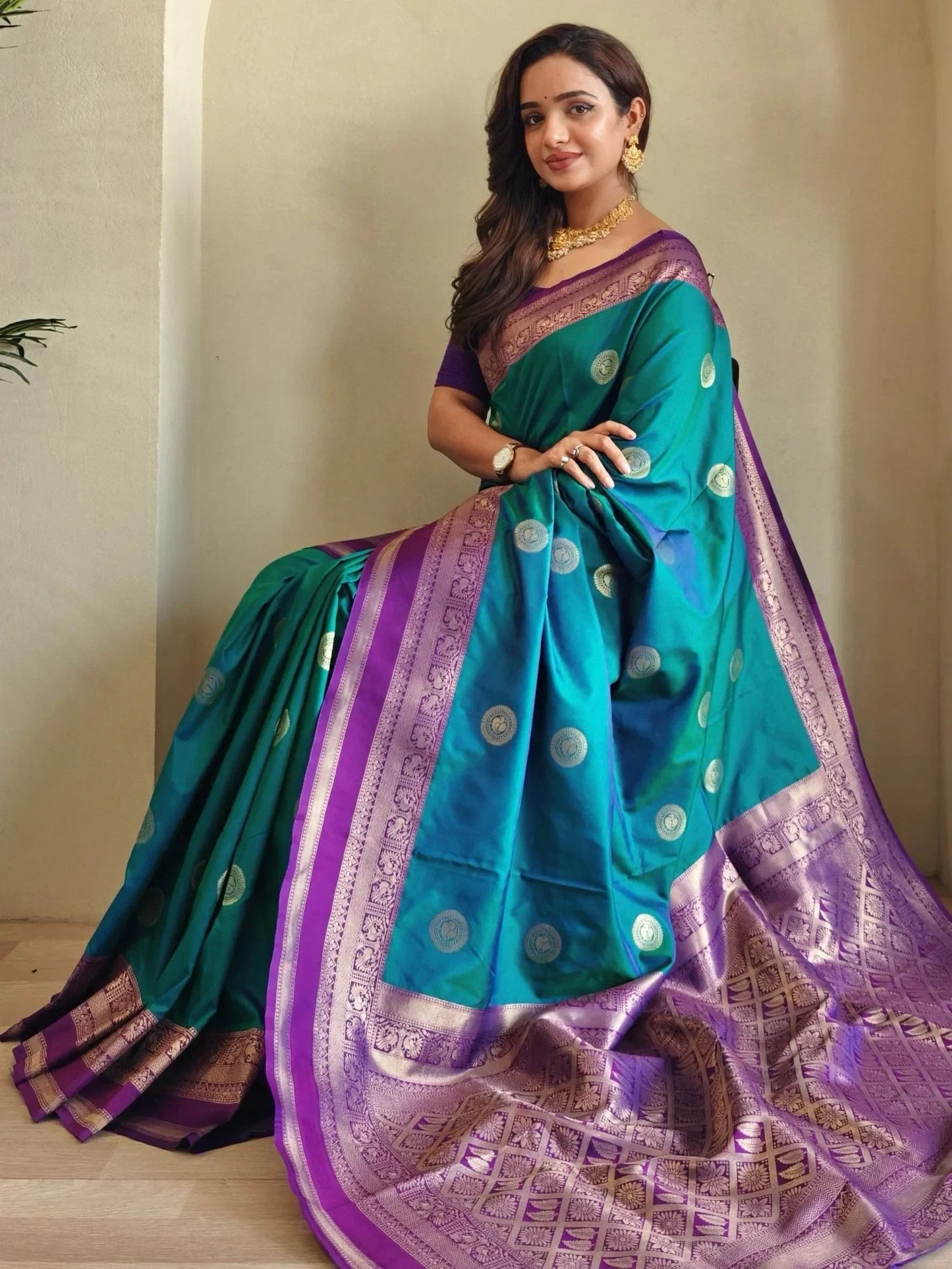 Precious Teal Blue Zari Weaving Silk Festive Wear Saree With Blouse