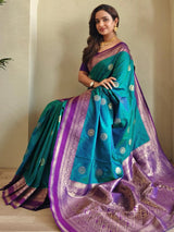 Precious Teal Blue Zari Weaving Silk Festive Wear Saree With Blouse