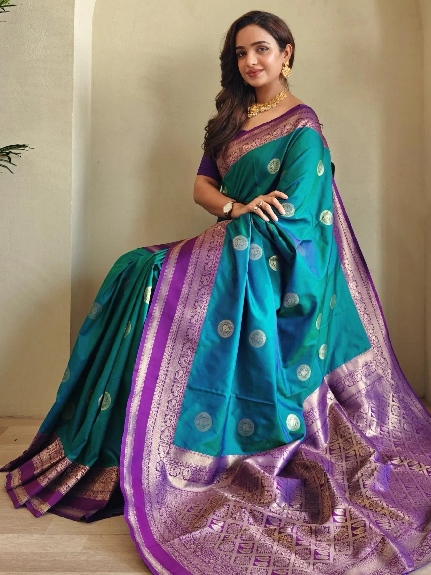 Precious Teal Blue Zari Weaving Silk Festive Wear Saree With Blouse